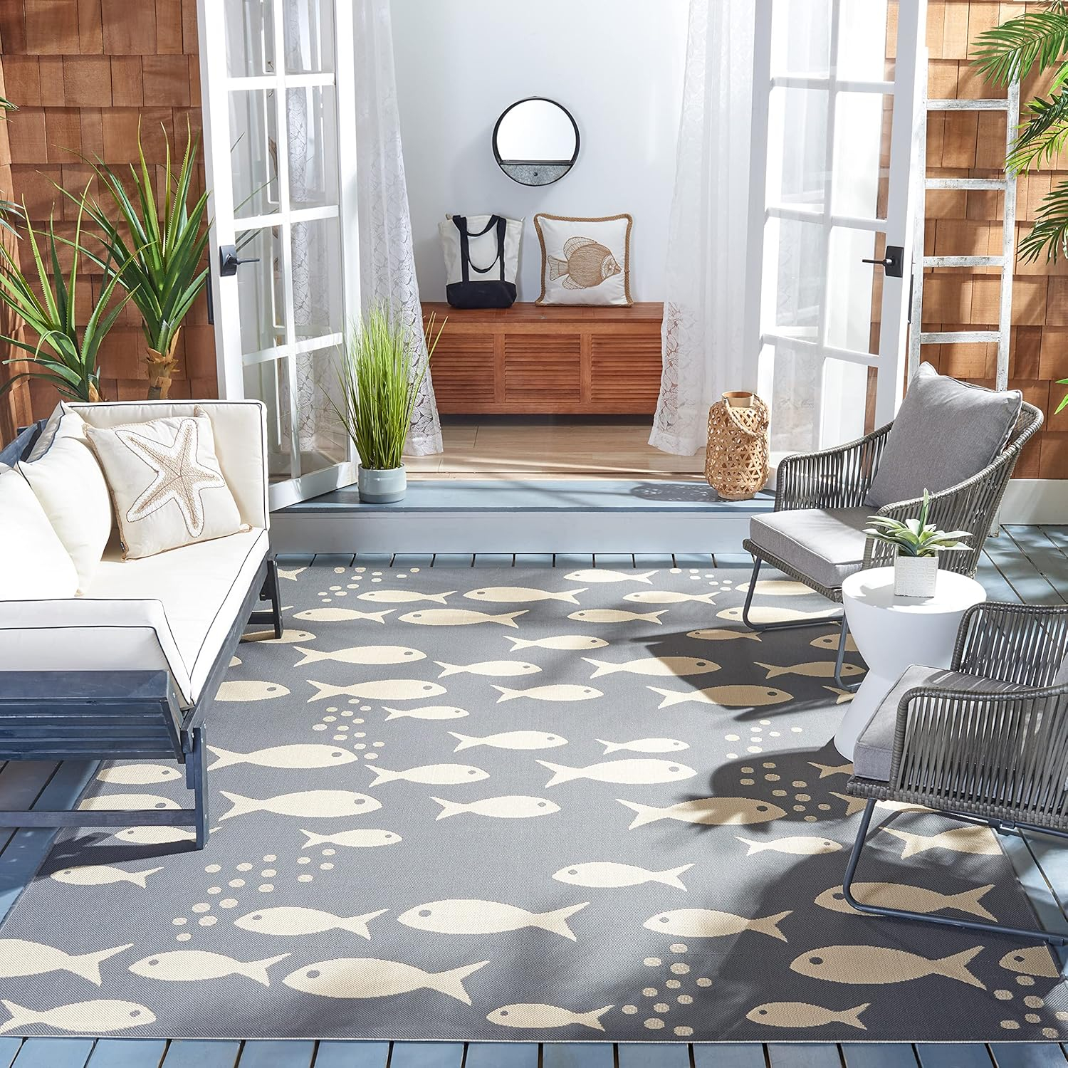 SAFAVIEH Courtyard Trena Fishes Indoor/Outdoor Area Rug, Dark Grey/Beige, 9' x 12'