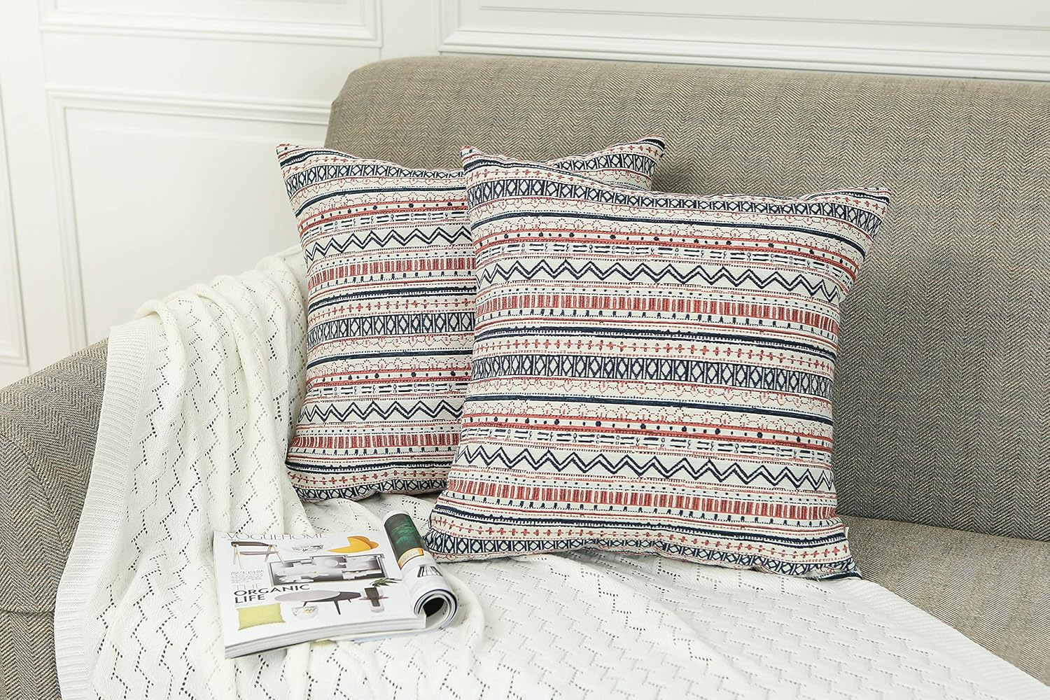 Pack of 2 Throw Pillow Covers Decorative Pillow Cases for Sofa Couch Bed, Bohemian Striped Geometric Pattern, 20x20 Inches, Navy Pink Cream