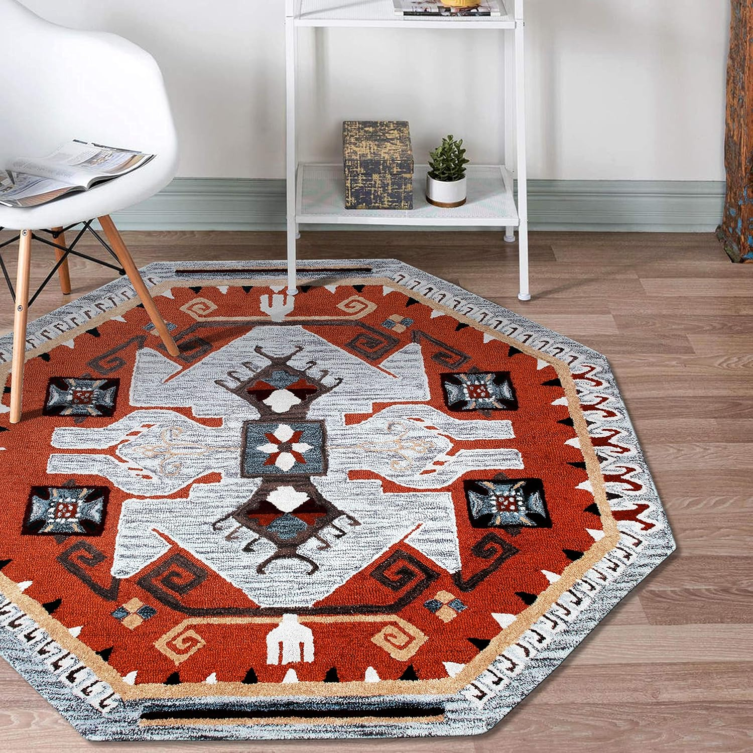 Ox Bay Terracotta Textile Southwestern Shape Rug, 4 ft. Octagon, Terracotta / Gray
