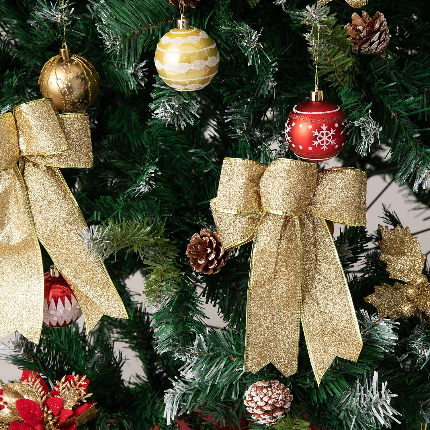 Ejiaya 12 Pieces Glitter Christmas Bows Christmas Wreath Bow Christmas Tree Ornaments Bows for Christmas Party Decoration (Gold)