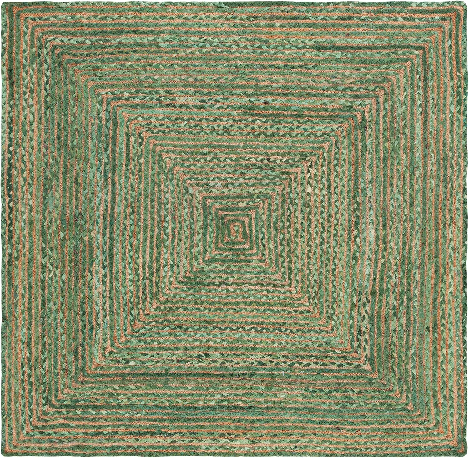 Handmade Green and Natural Braided Jute Cotton Square Rug