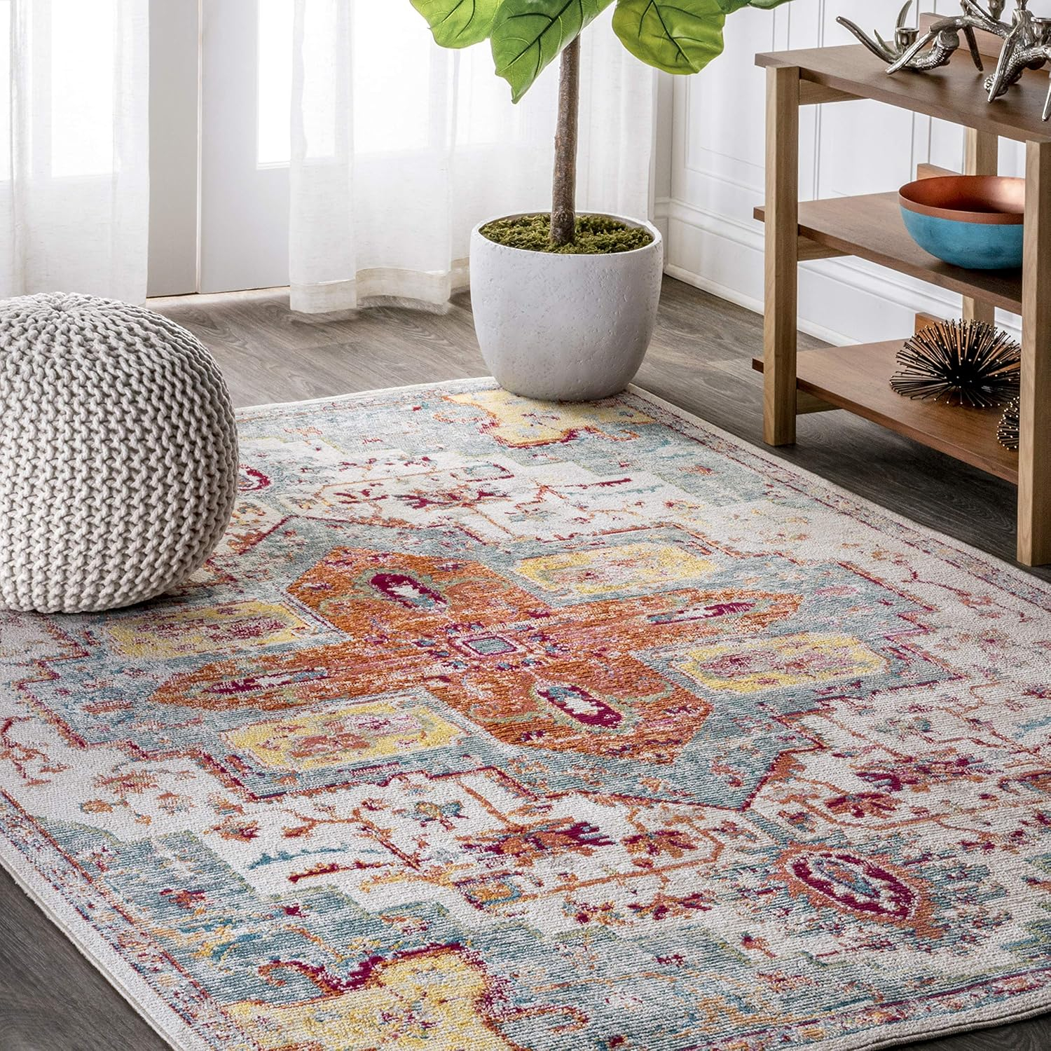 JONATHAN Y CAV100A-4 Zafra Vintage Medallion Indoor Area-Rug Bohemian Floral Rustic Easy-Cleaning High Traffic Bedroom Kitchen Living Room Non Shedding, 4 ft x 6 ft, Coral/Blue/Multi