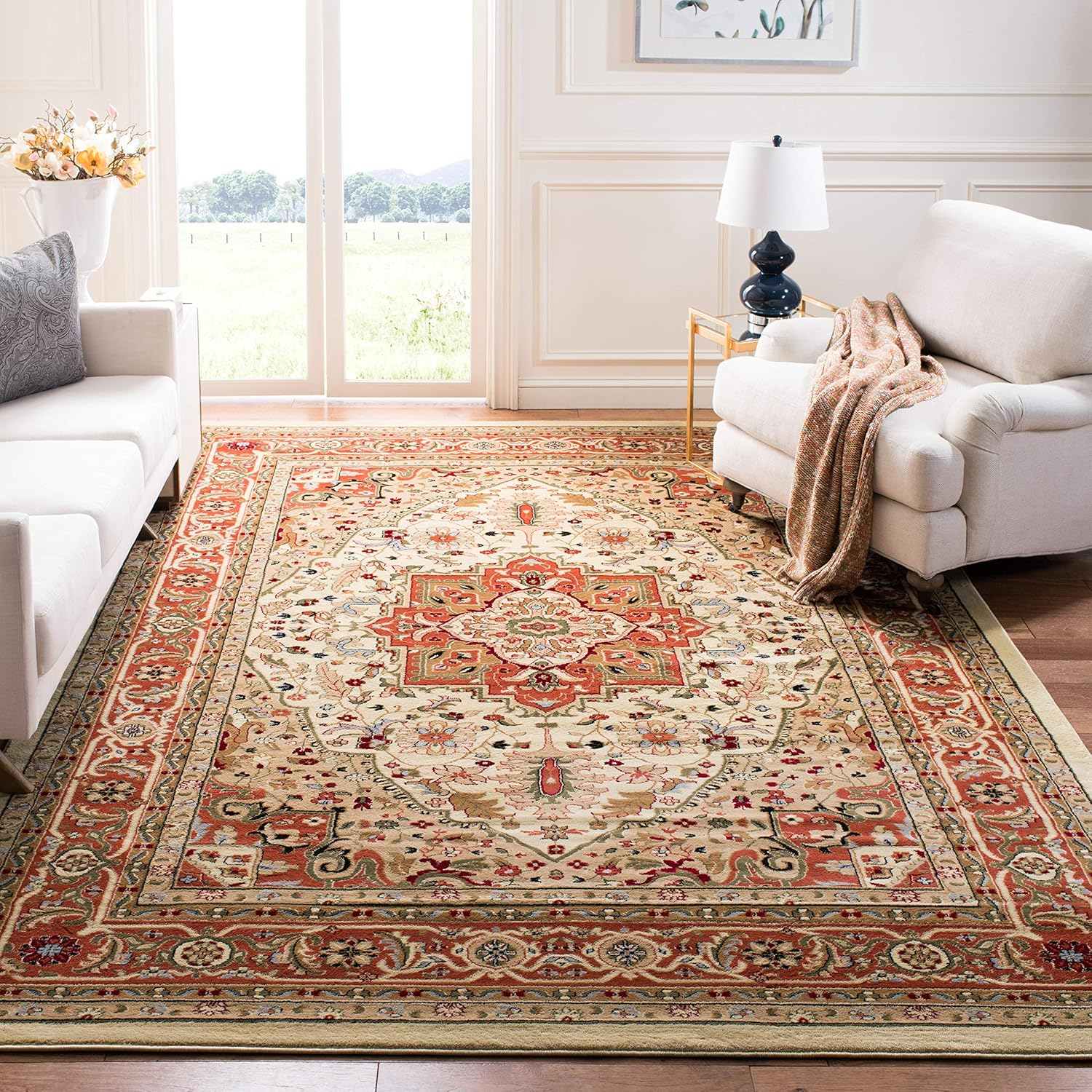 SAFAVIEH Lyndhurst Miranda Floral Area Rug, Ivory/Rust, 5'3" x 5'3" Square