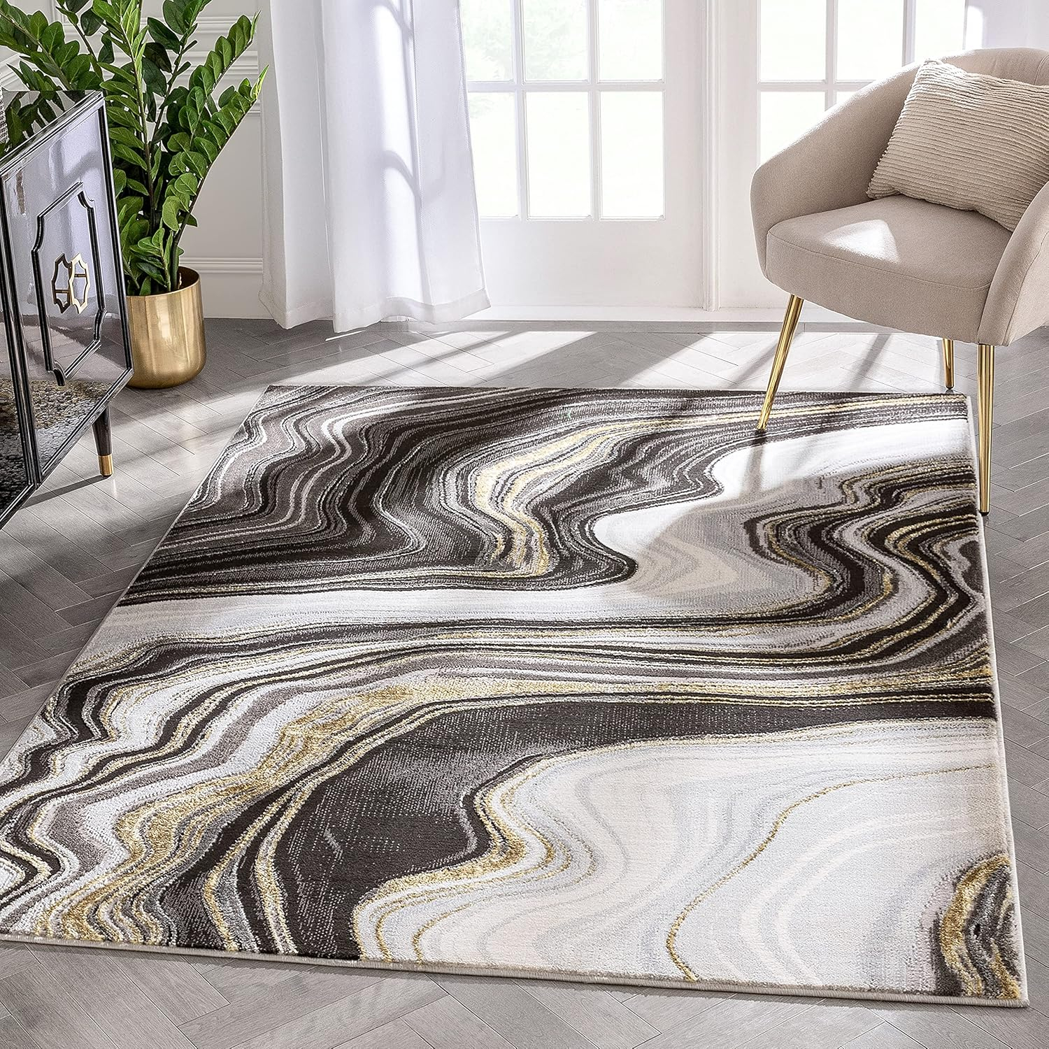 Well Woven Werrick Grey & Gold Striated Marble Pattern Rug 8x10 (7'10" x 9'10")