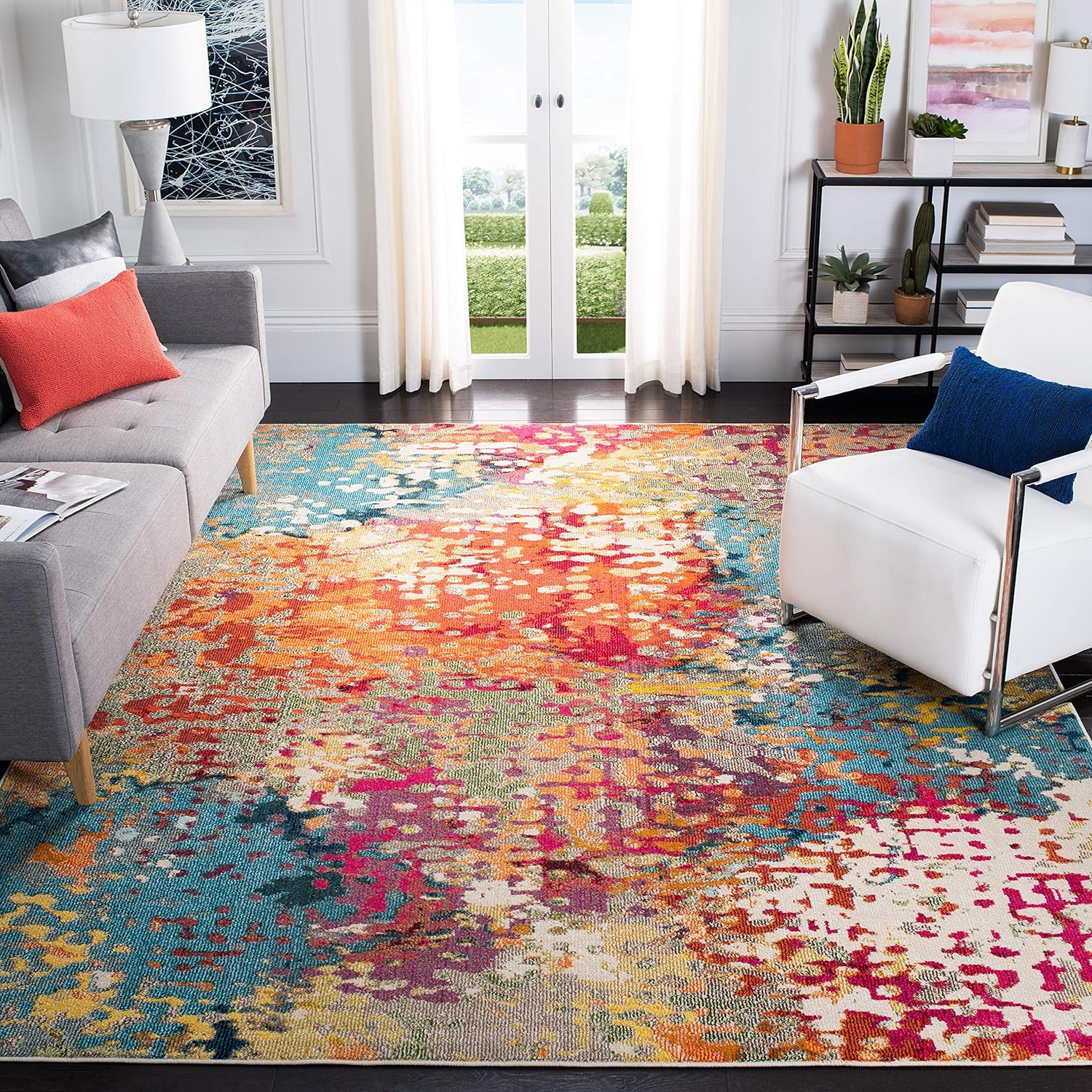 SAFAVIEH Madison Colleen Abstract Distressed Area Rug, Ivory/Multi, 9' x 12'