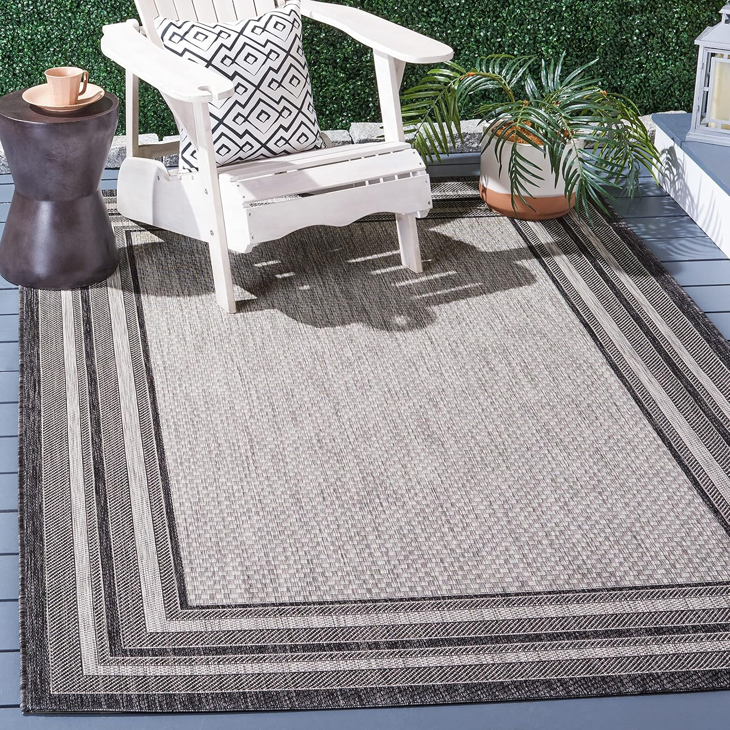 SAFAVIEH Courtyard Ercan Bordered Indoor/Outdoor Area Rug, Light Grey/Black, 4' x 4' Square