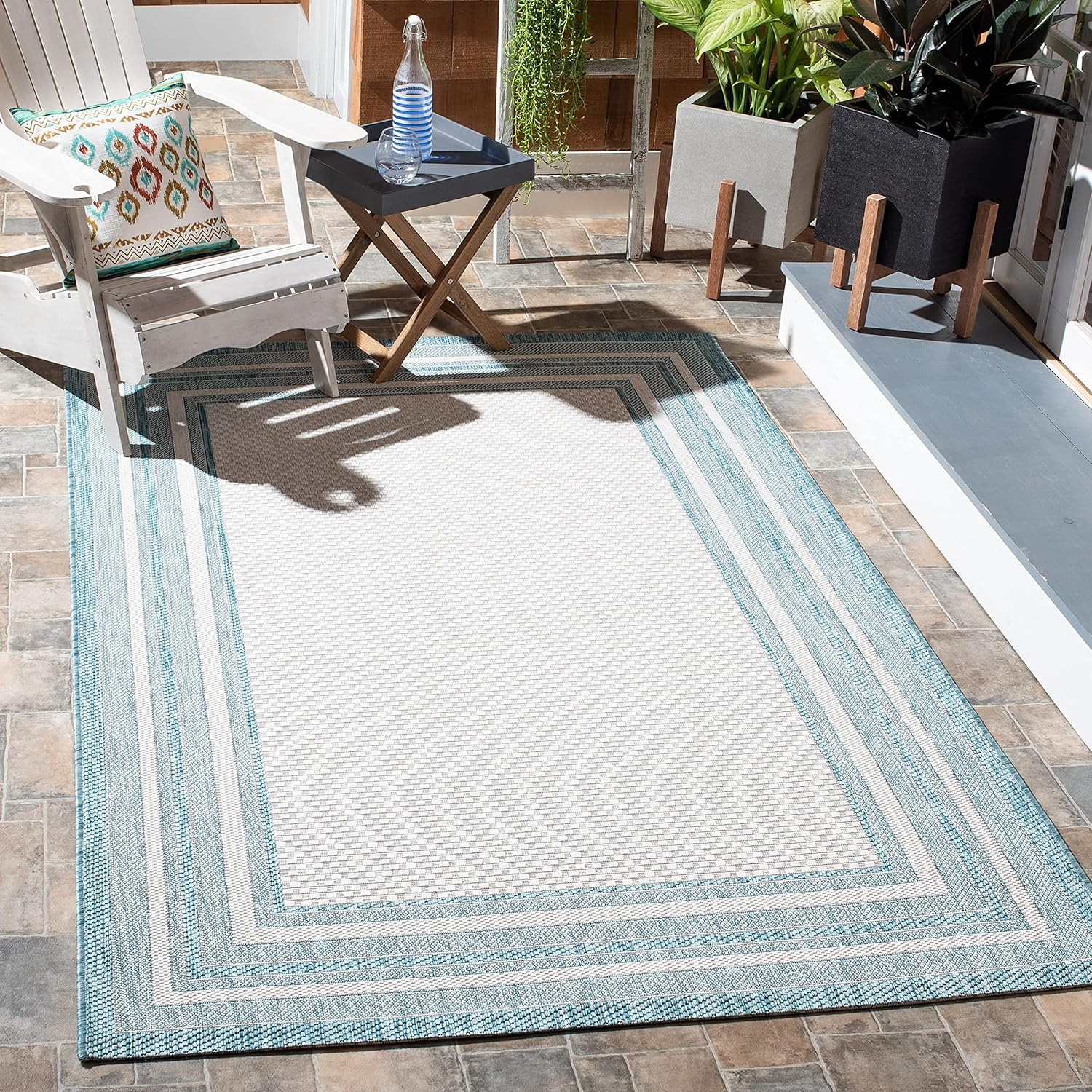 SAFAVIEH Courtyard Ercan Bordered Indoor/Outdoor Area Rug, Ivory/Aqua, 9' x 12'