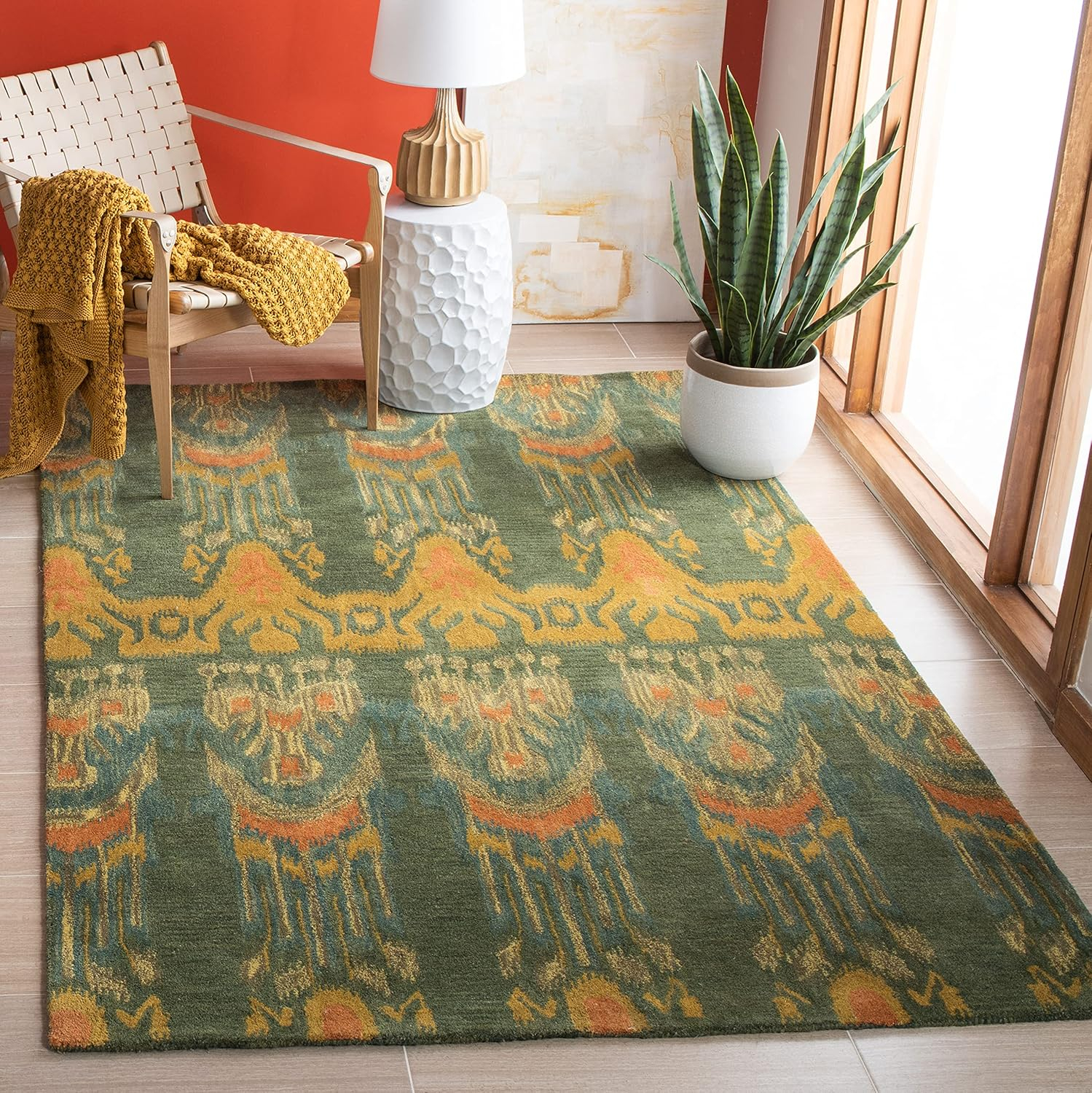 SAFAVIEH Ikat Crane Paisley Wool Area Rug, Olive/Gold, 3' x 5'