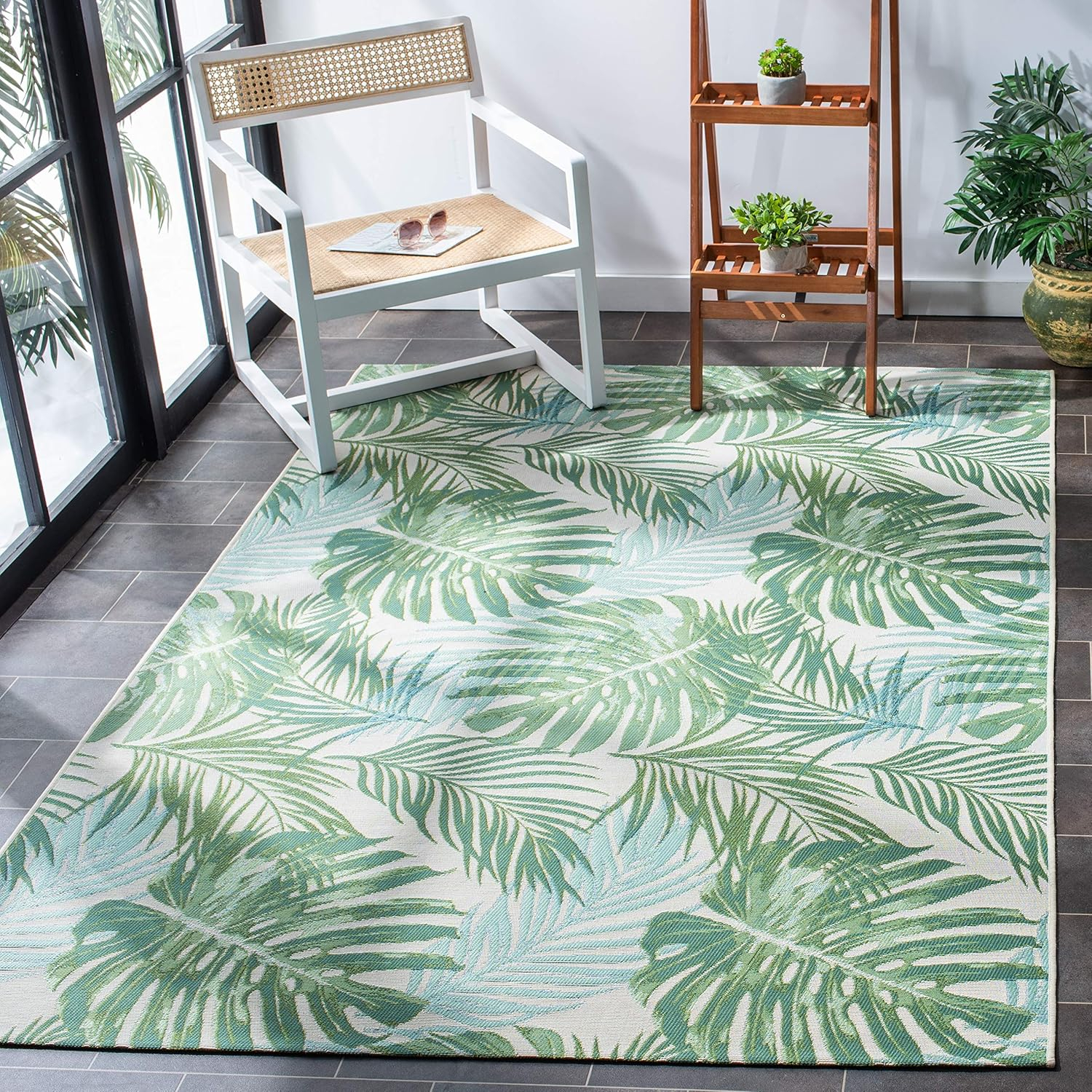 Barbados Green and Teal Tropical Botanical Square Indoor/Outdoor Rug