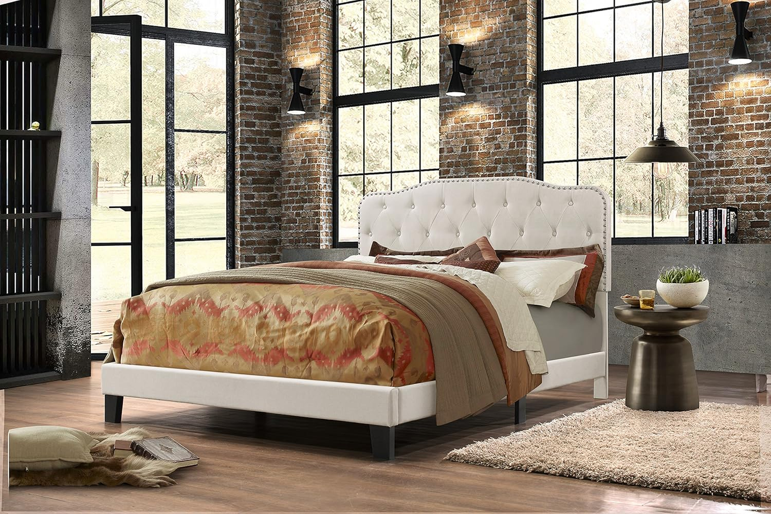 Tufted Fog-Beige Linen Fabric Headboard and Panel Bed Frame in Full