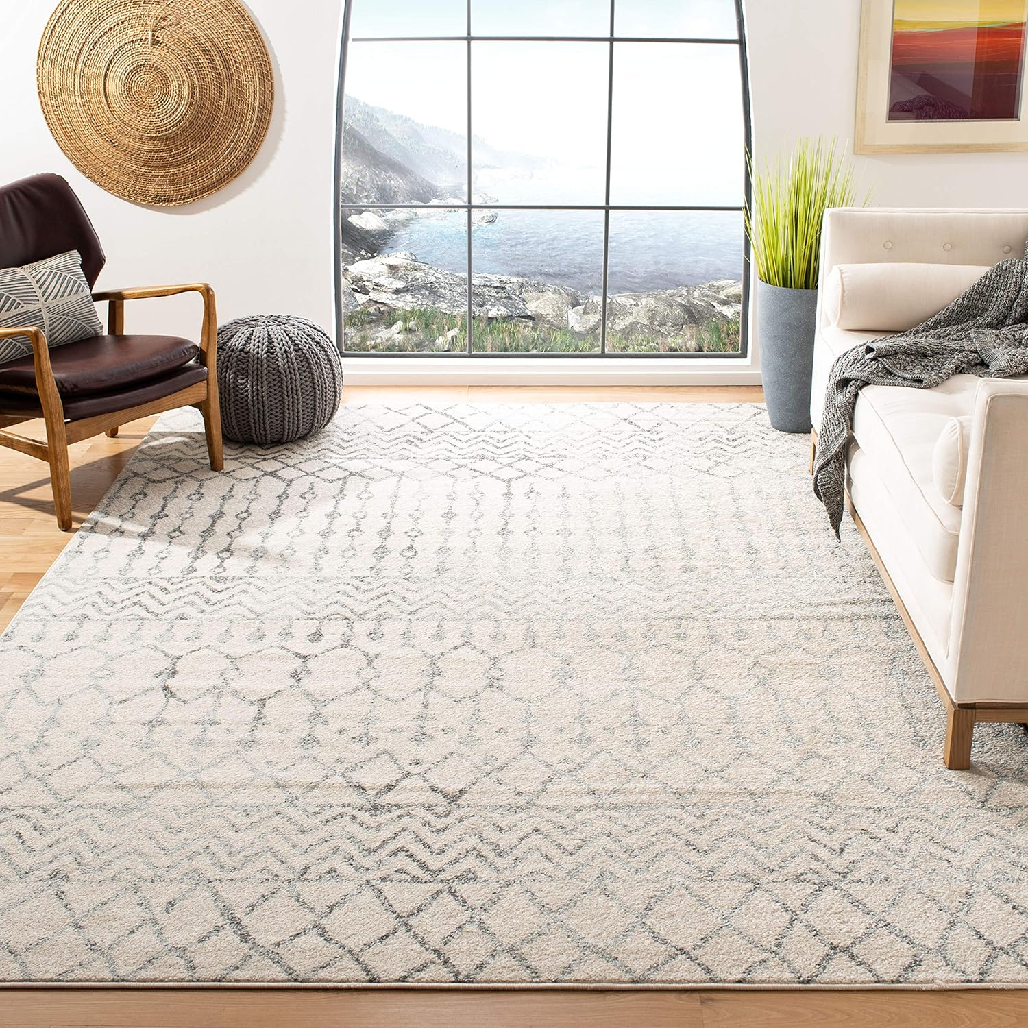 SAFAVIEH Tulum Glen Moroccan Geometric Area Rug, Ivory/Grey, 9' x 12'