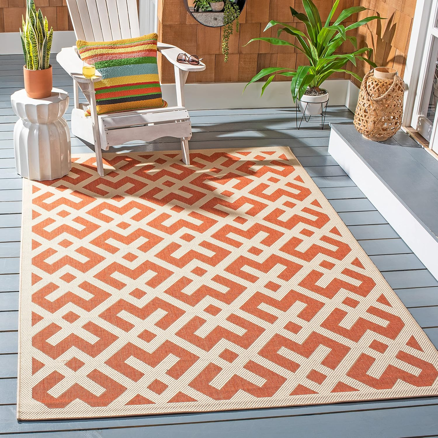 SAFAVIEH Courtyard Alvin Geometric Indoor/Outdoor Area Rug, 2'7" x 5', Terracotta/Bone