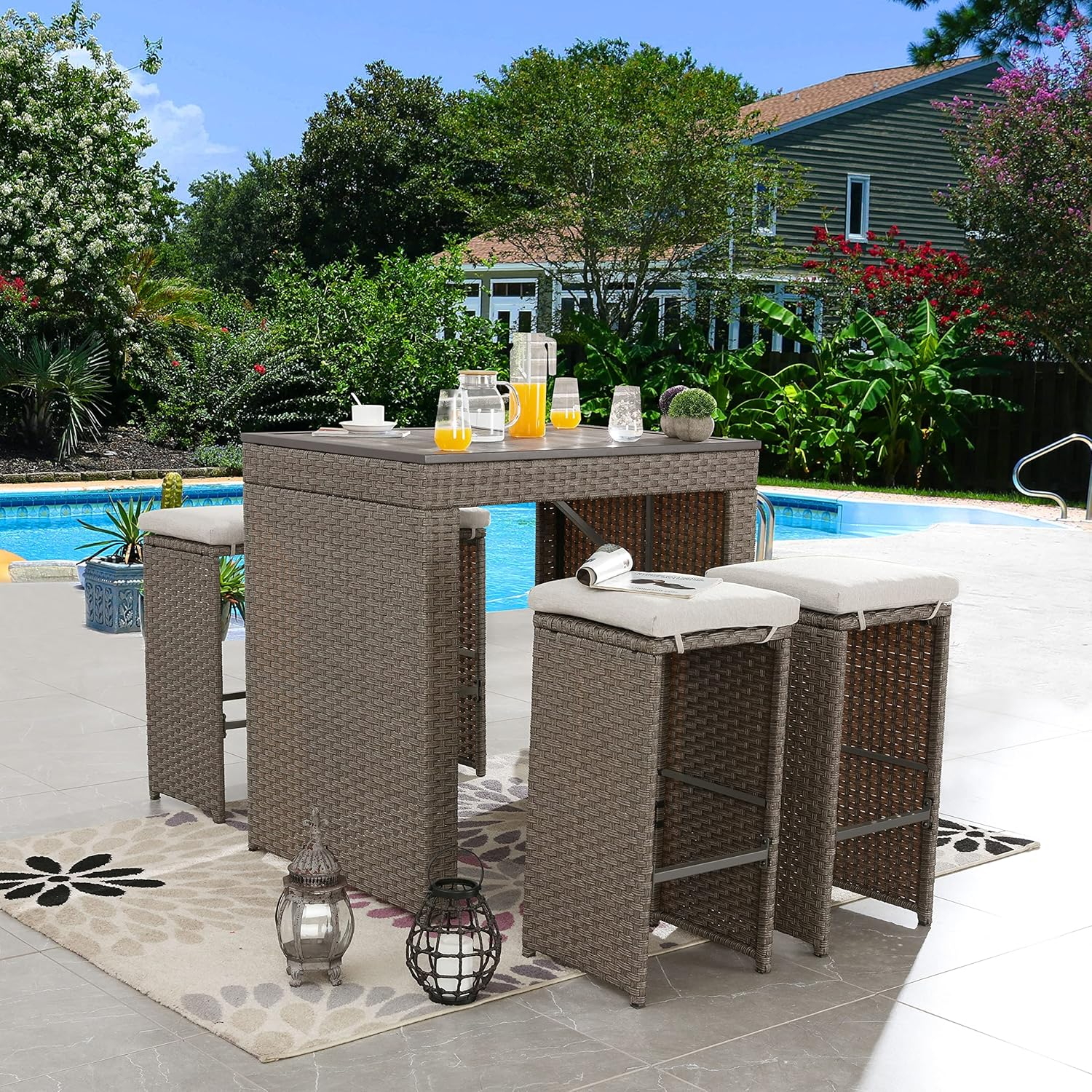 Patio Festival 5-Piece Outdoor Rattan Bar Dining Set in Brown/Gray