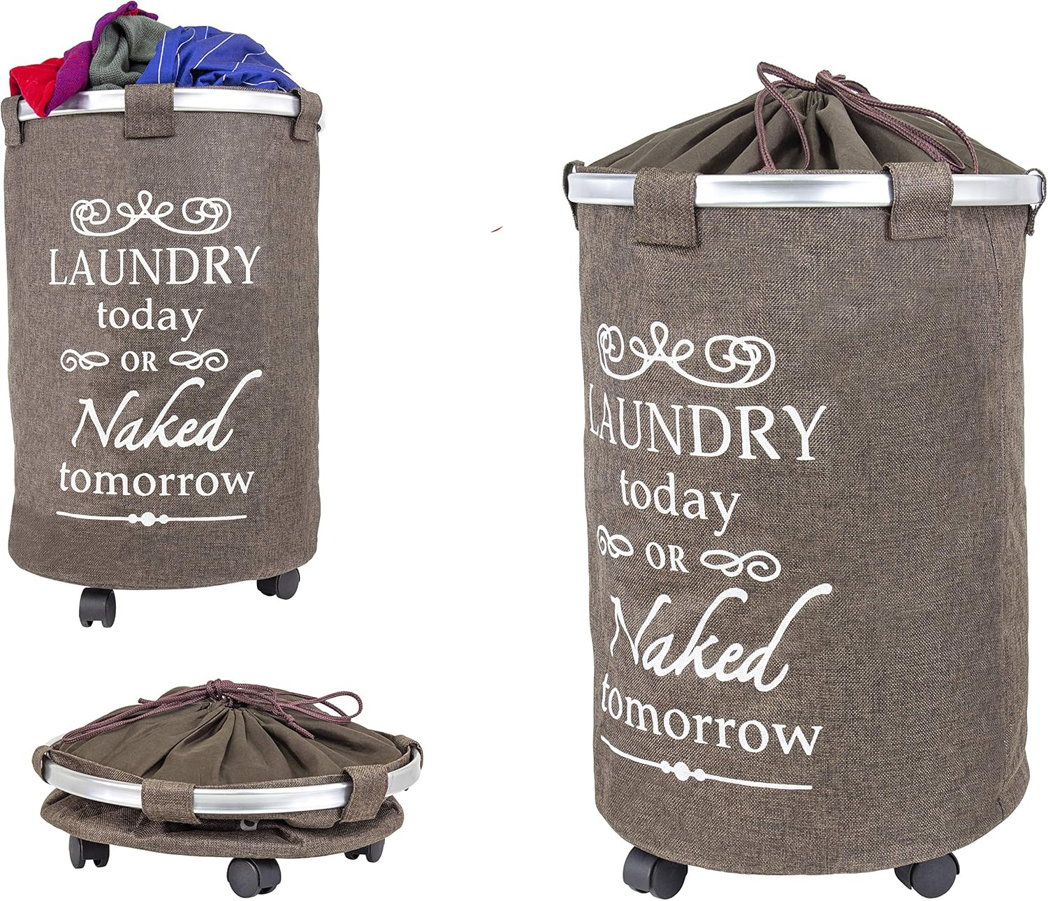 Brown Collapsible Round Laundry Hamper with Wheels and Faux Burlap
