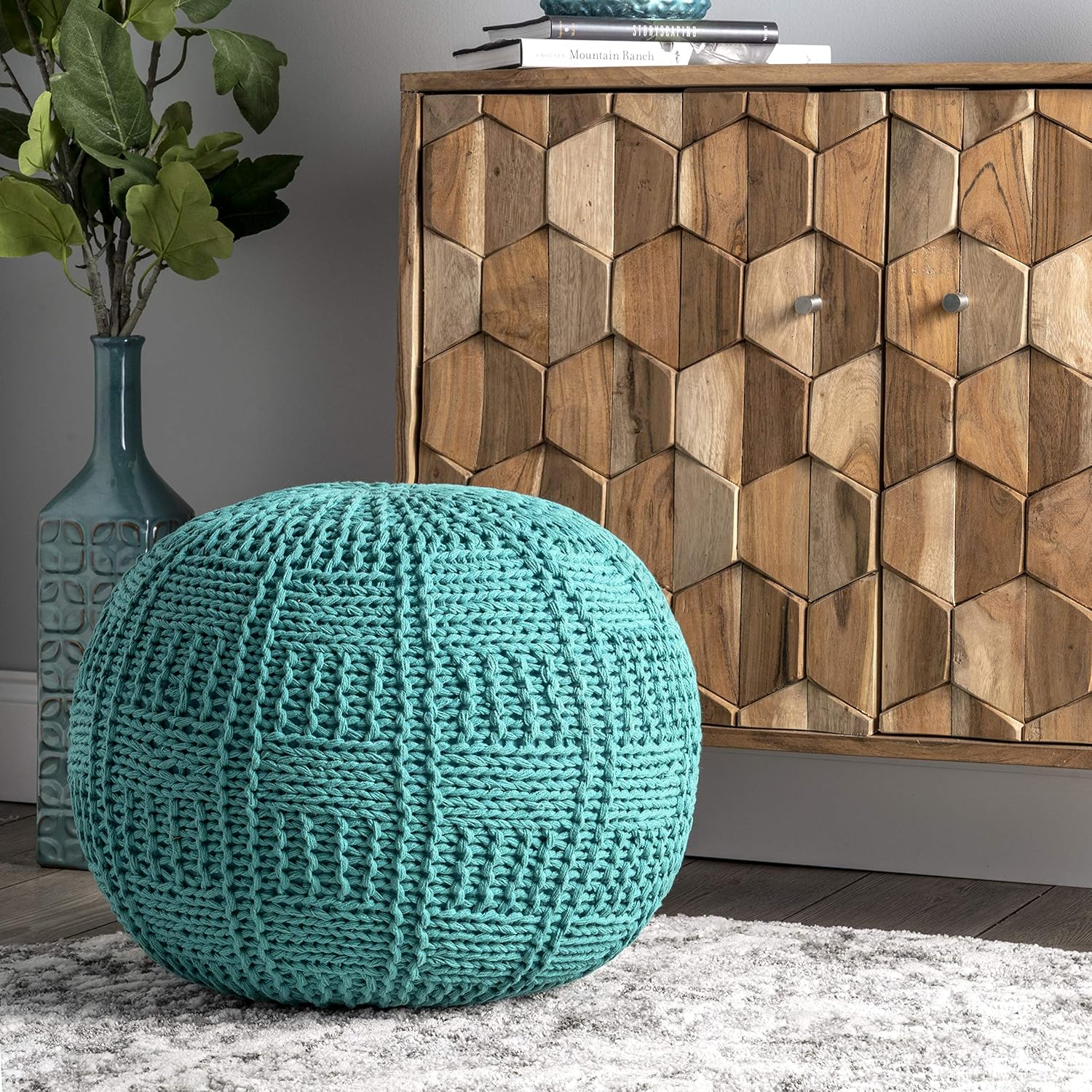 Teal Knitted Cotton Round Pouf Ottoman
