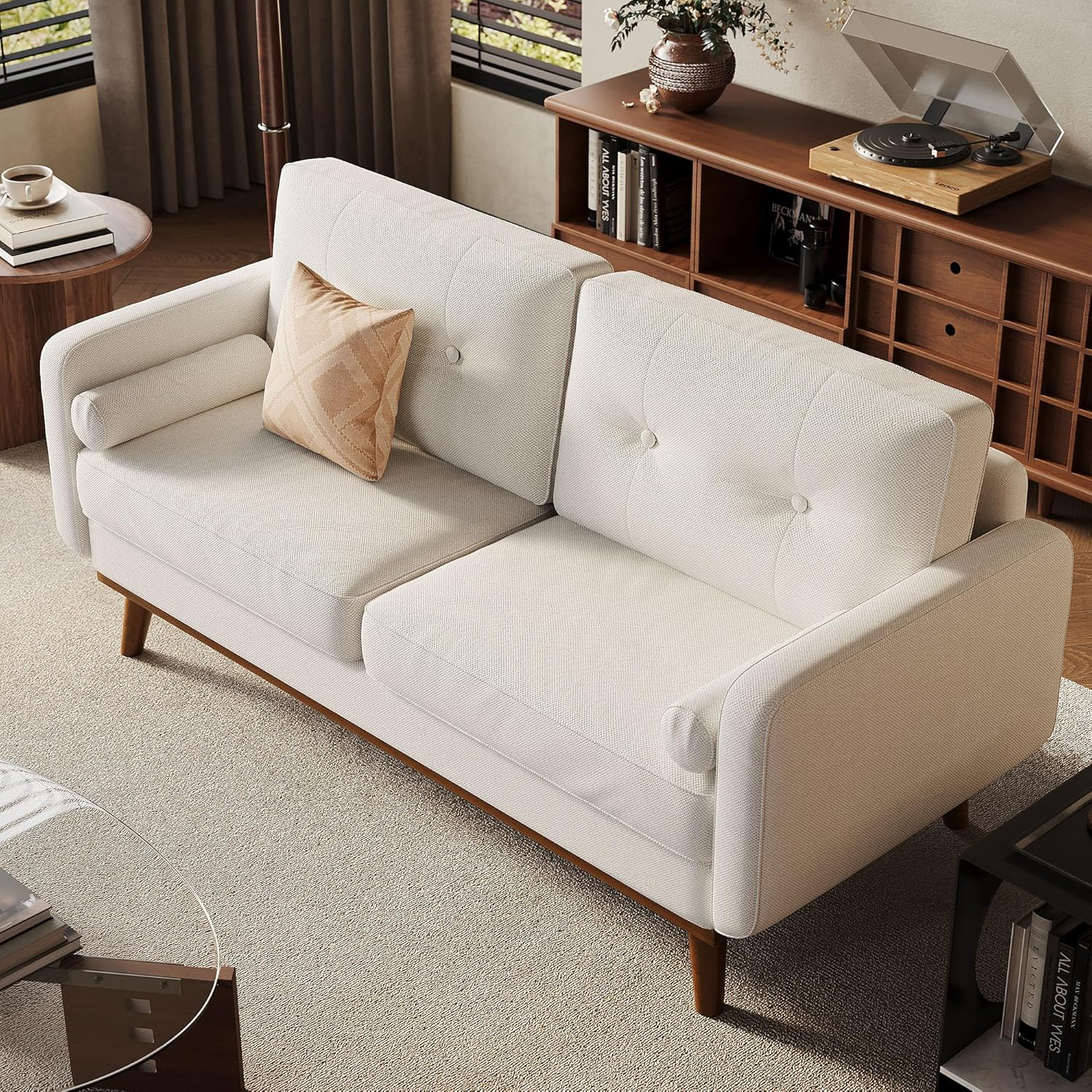Beige Linen Upholstered Mid Century Modern Loveseat Sofa