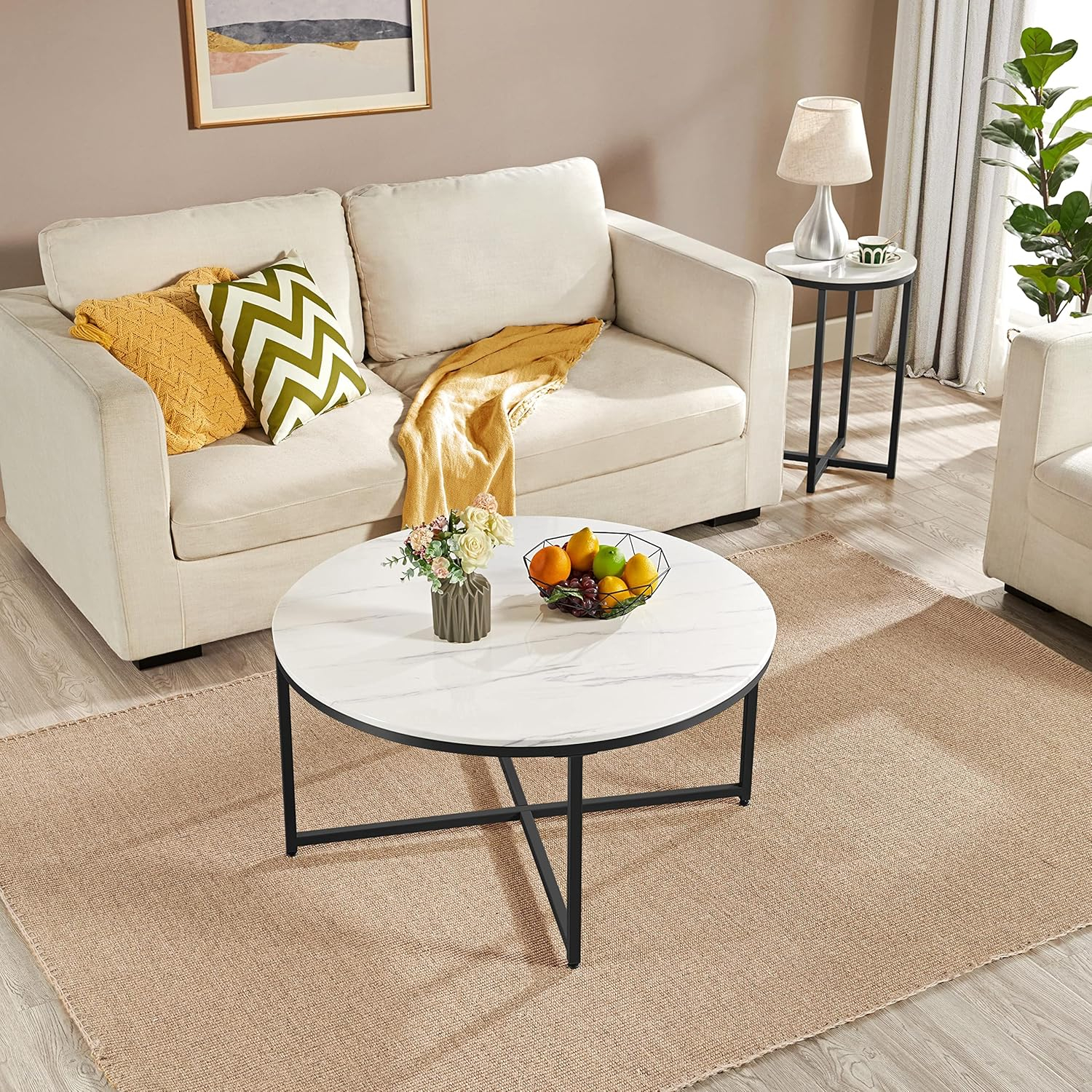 Yaheetech Faux Marble Coffee Table, Modern Round Accent Table with X-Base & Metal Frame, 35.5in Center Tables for Living Room & Dining Room, White and Black