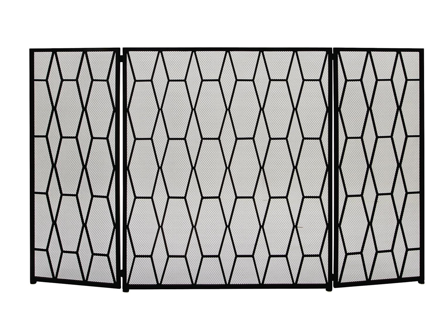 DecMode 51" x 31" Black Metal Foldable 3 Panel Geometric Fireplace Screen with Mesh Netting, 1-Piece