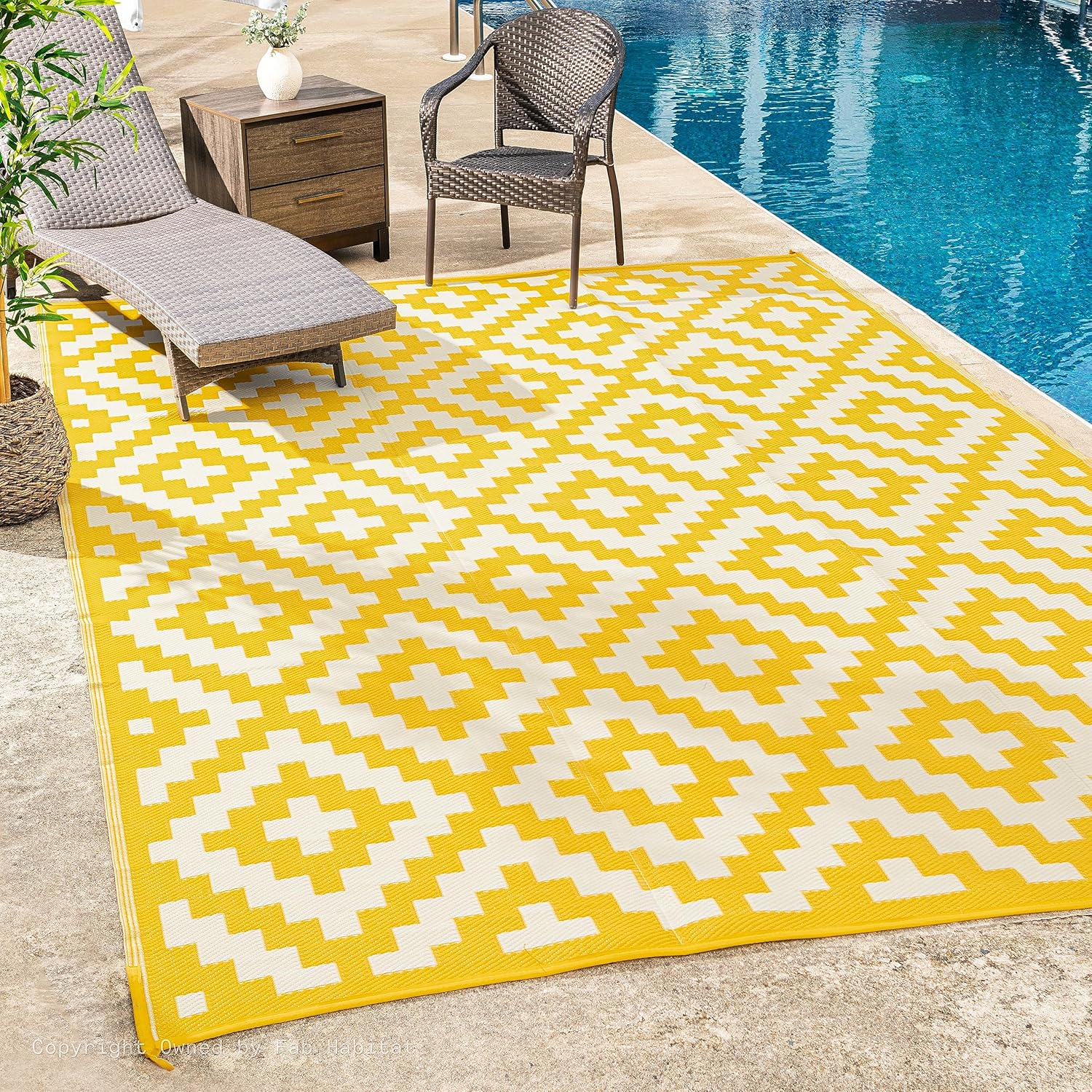 FH Home Outdoor Rug - Waterproof, Fade Resistant, Reversible - Premium Recycled Plastic - Geometric - Porch, Deck, Balcony, Mudroom, Laundry Room, Patio - Aztec - Yellow & White - 3 x 5 ft