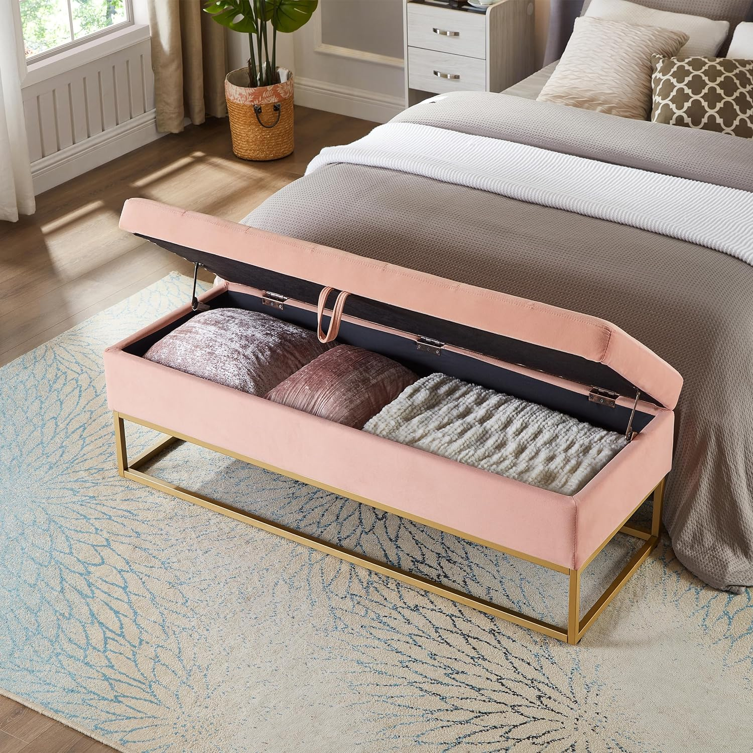 58.6" End of Bed Bench, Storage Bench with Metal Base Holds up to 500 lbs, Button Tufting Design Velvet Upholstered Bedroom Bench for End of Bed, Livingroom, Entryway, Window, Pink