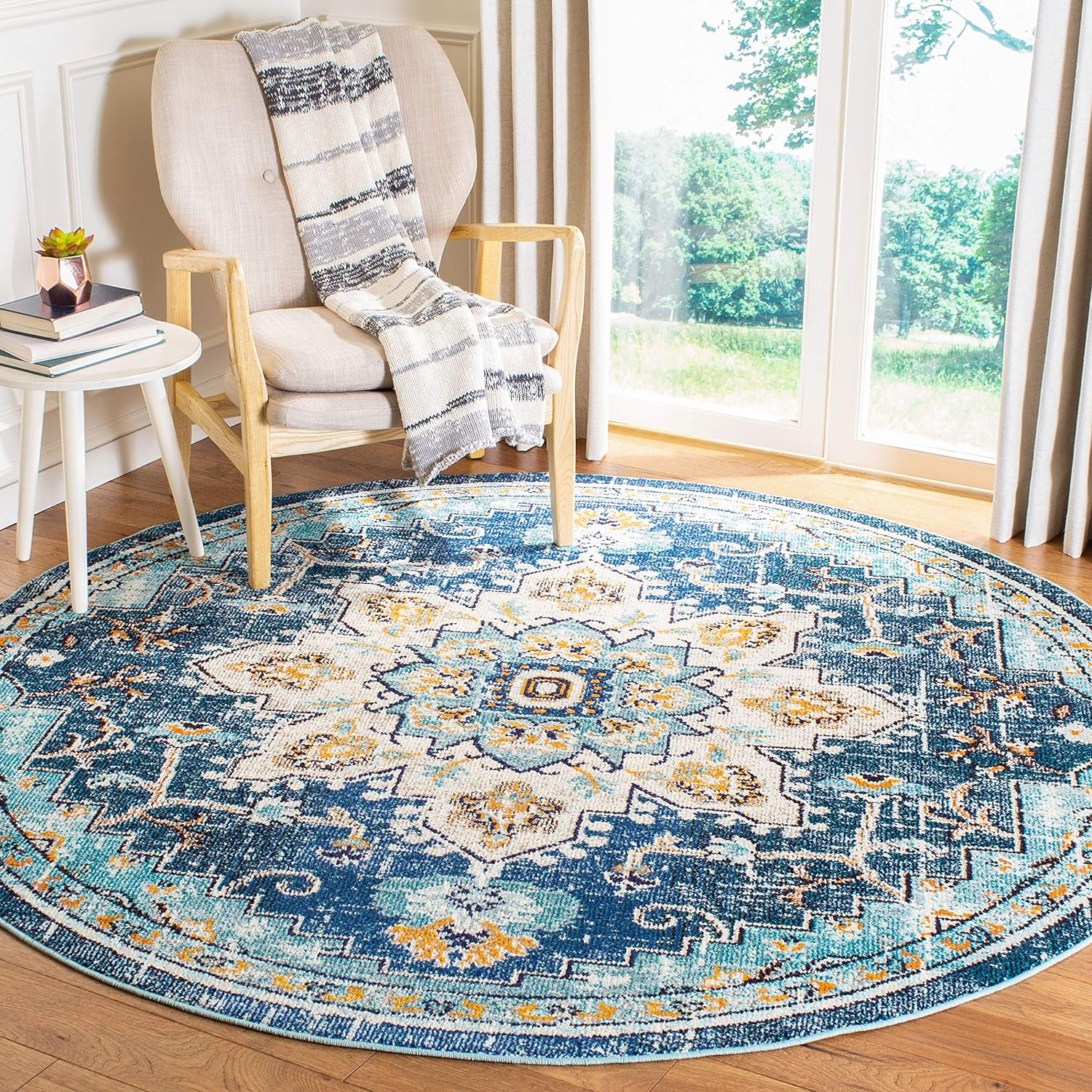 SAFAVIEH Madison Dalia Vintage Traditional Area Rug, Blue/Light Blue, 10' x 10' Round