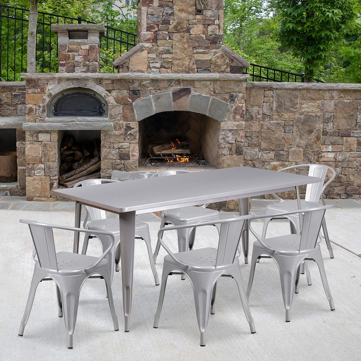 Flash Furniture Oakley Commercial Grade 31.5" x 63" Rectangular Silver Metal Indoor-Outdoor Table Set with 6 Arm Chairs