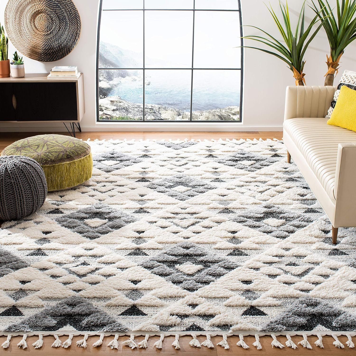 SAFAVIEH Moroccan Tassel Shag Collection X-Large Area Rug - 11' x 15', Ivory & Grey, Boho Design, Non-Shedding & Easy Care, 2-inch Thick Ideal for High Traffic Areas in Living Room, Bedroom (MTS688F)