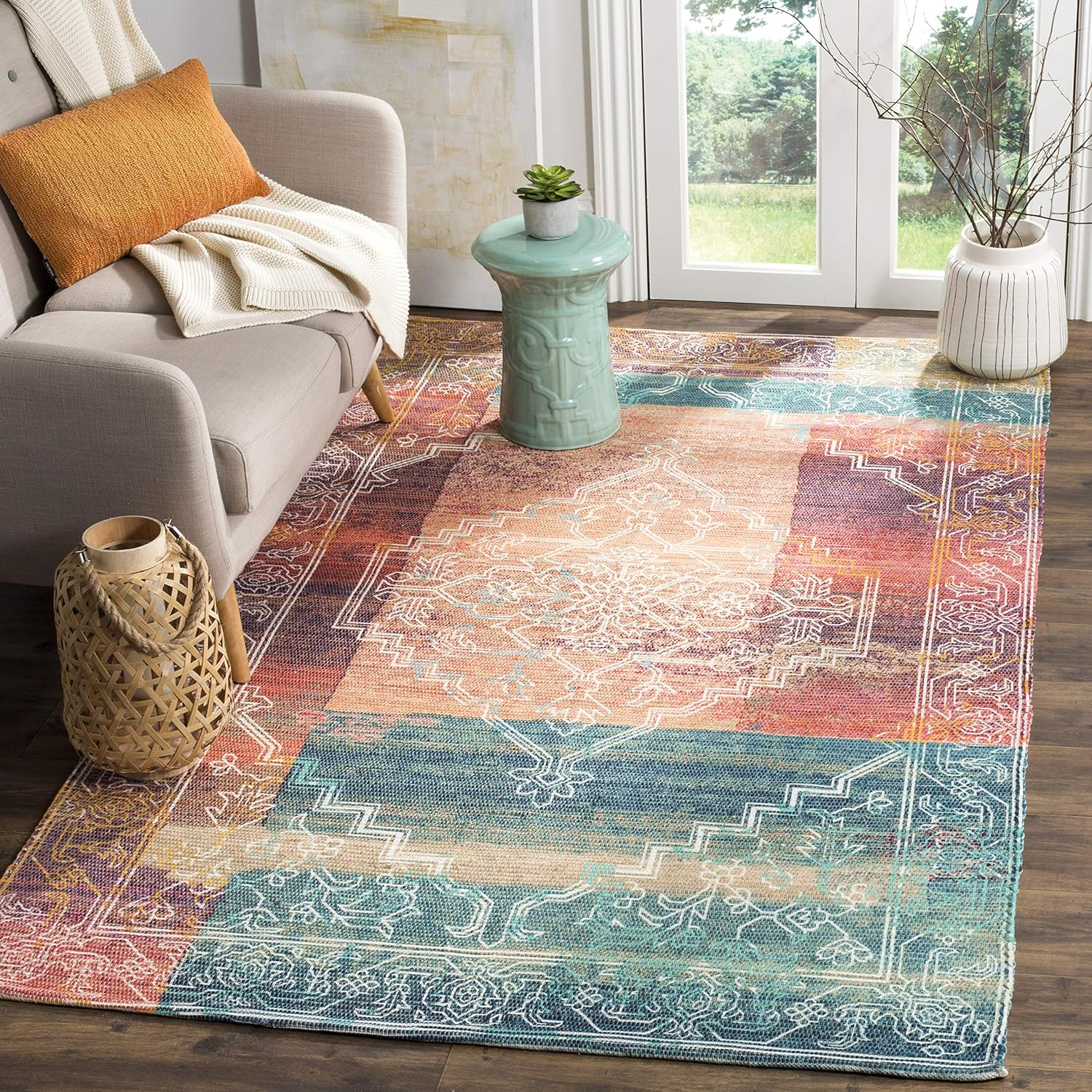 SAFAVIEH Saffron Ailin Geometric Cotton Area Rug, Coral/Aqua, 6' x 9'