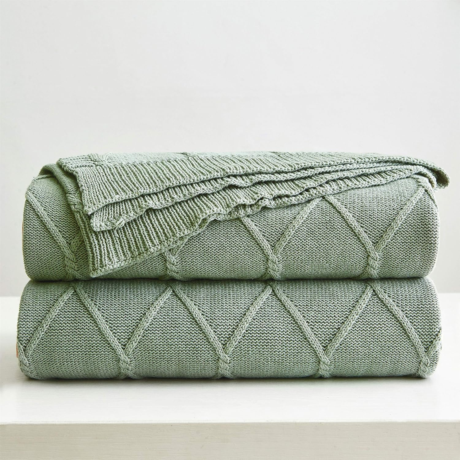 Sage Green Cotton Cable Knit Weighted Throw Blanket