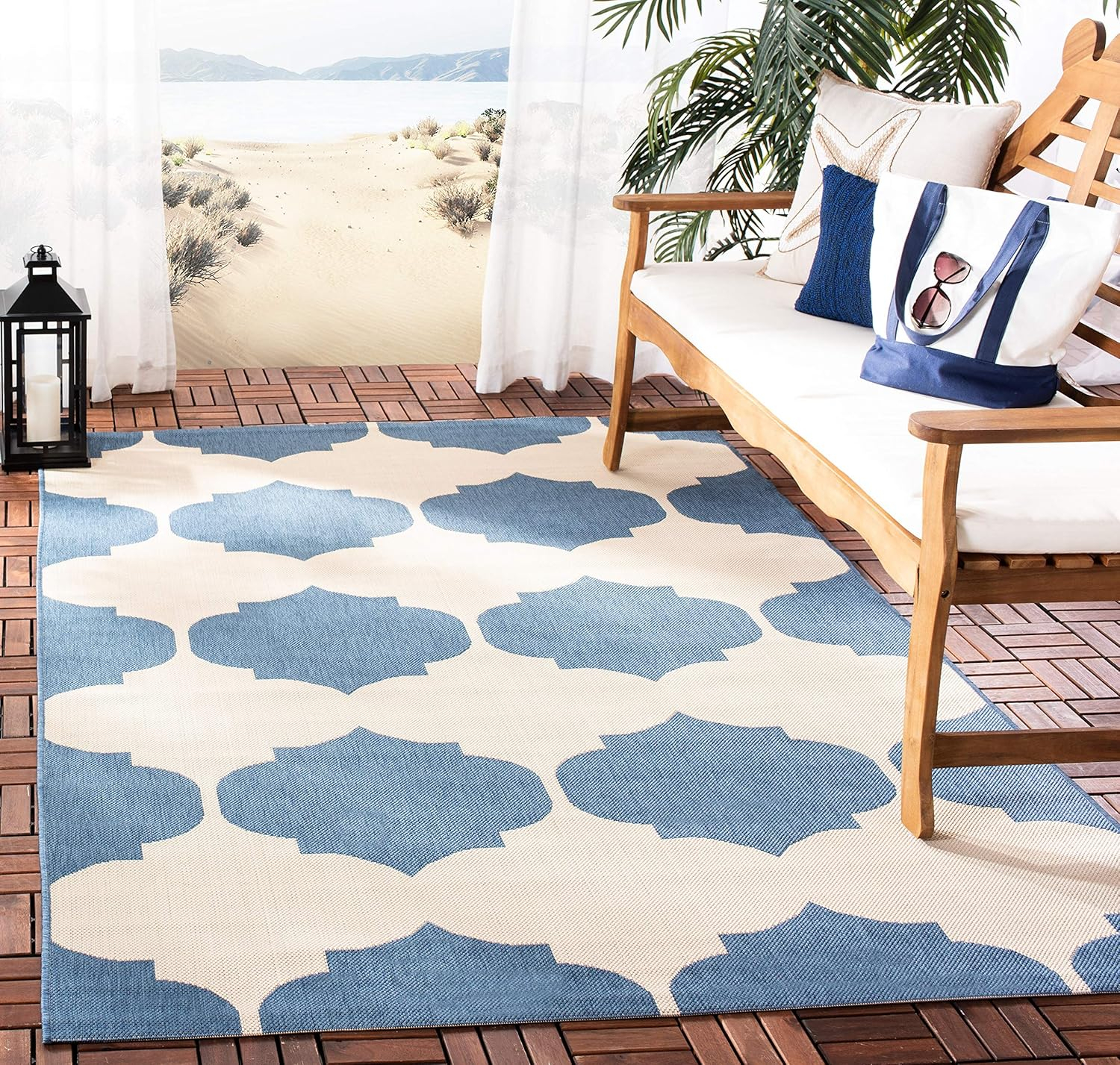 SAFAVIEH Courtyard Elwyn Geometric Trellis Indoor/Outdoor Area Rug, 5'3" x 5'3" Square, Beige/Blue