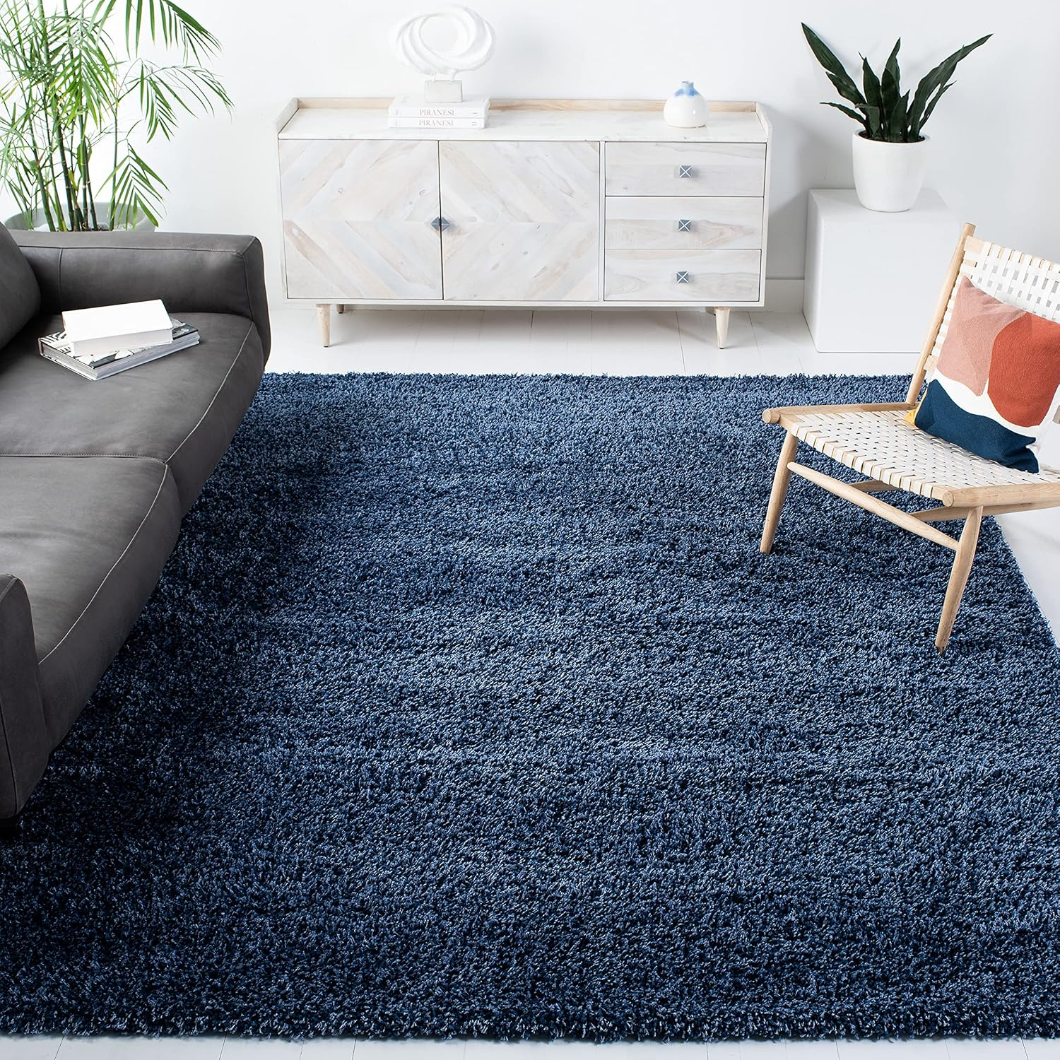 SAFAVIEH California Solid Plush Shag Area Rug, Navy, 8' x 8' Square