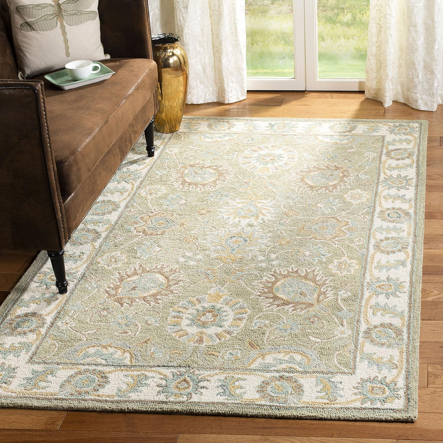 SAFAVIEH Blossom Fletcher Floral Bordered Wool Area Rug, Sage/Ivory, 8' x 10'