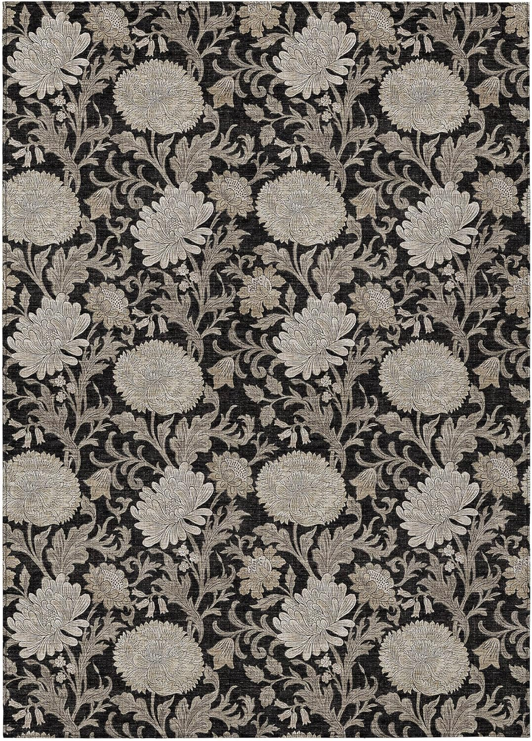 Addison Rugs Chantille Indoor/Outdoor Transitional Floral Black Washable Rectangle Rug, 5' x 7'6"