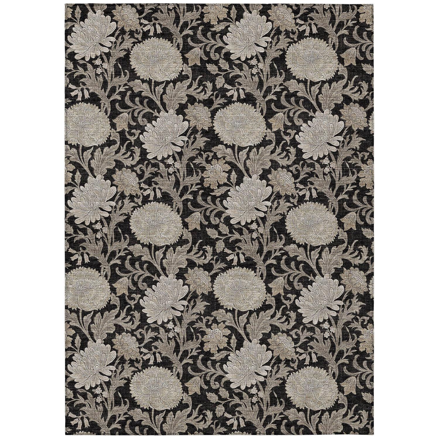 Addison Rugs Chantille Indoor/Outdoor Transitional Floral Black Washable Rectangle Rug, 5' x 7'6"