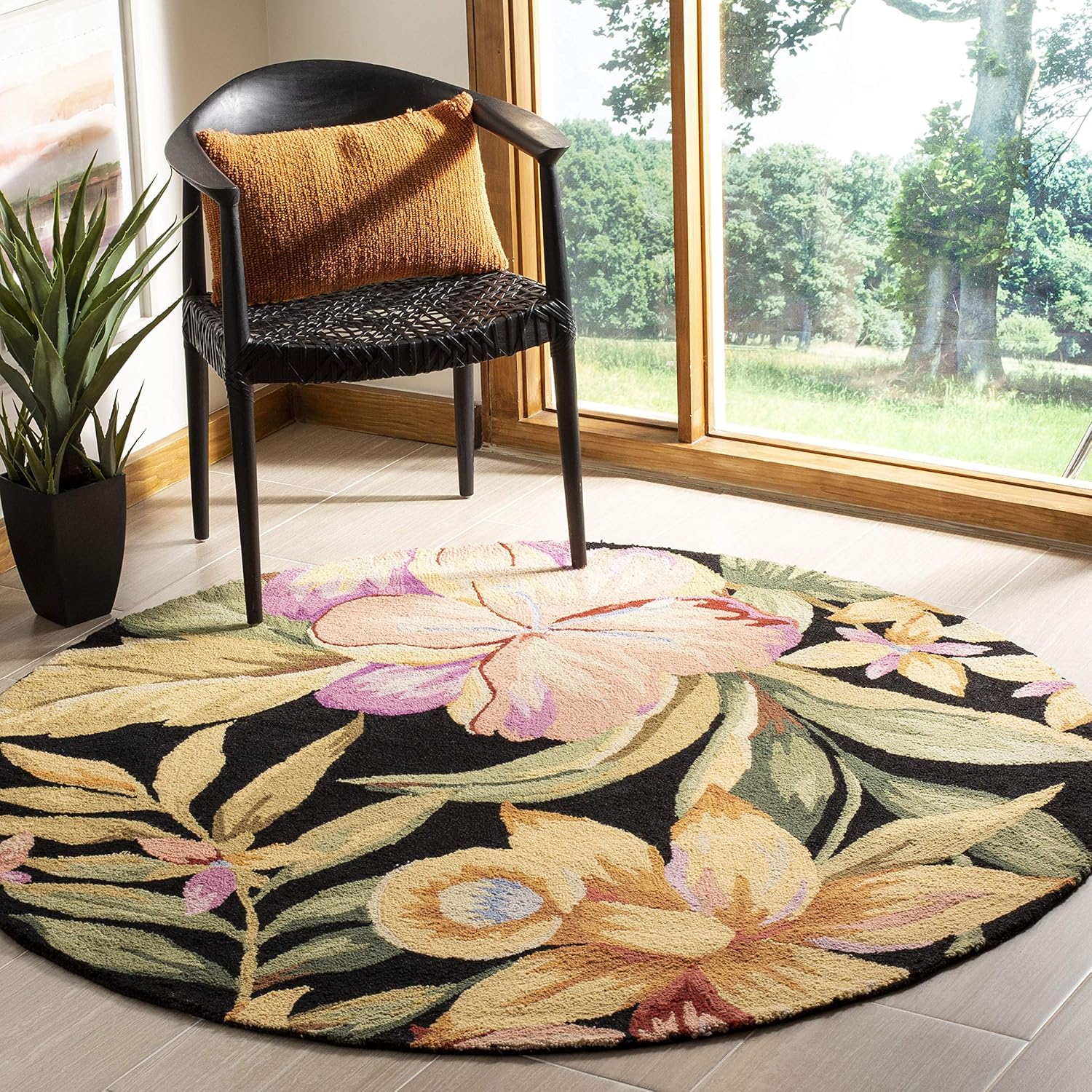 Handmade Black Floral Wool 8' Round Area Rug