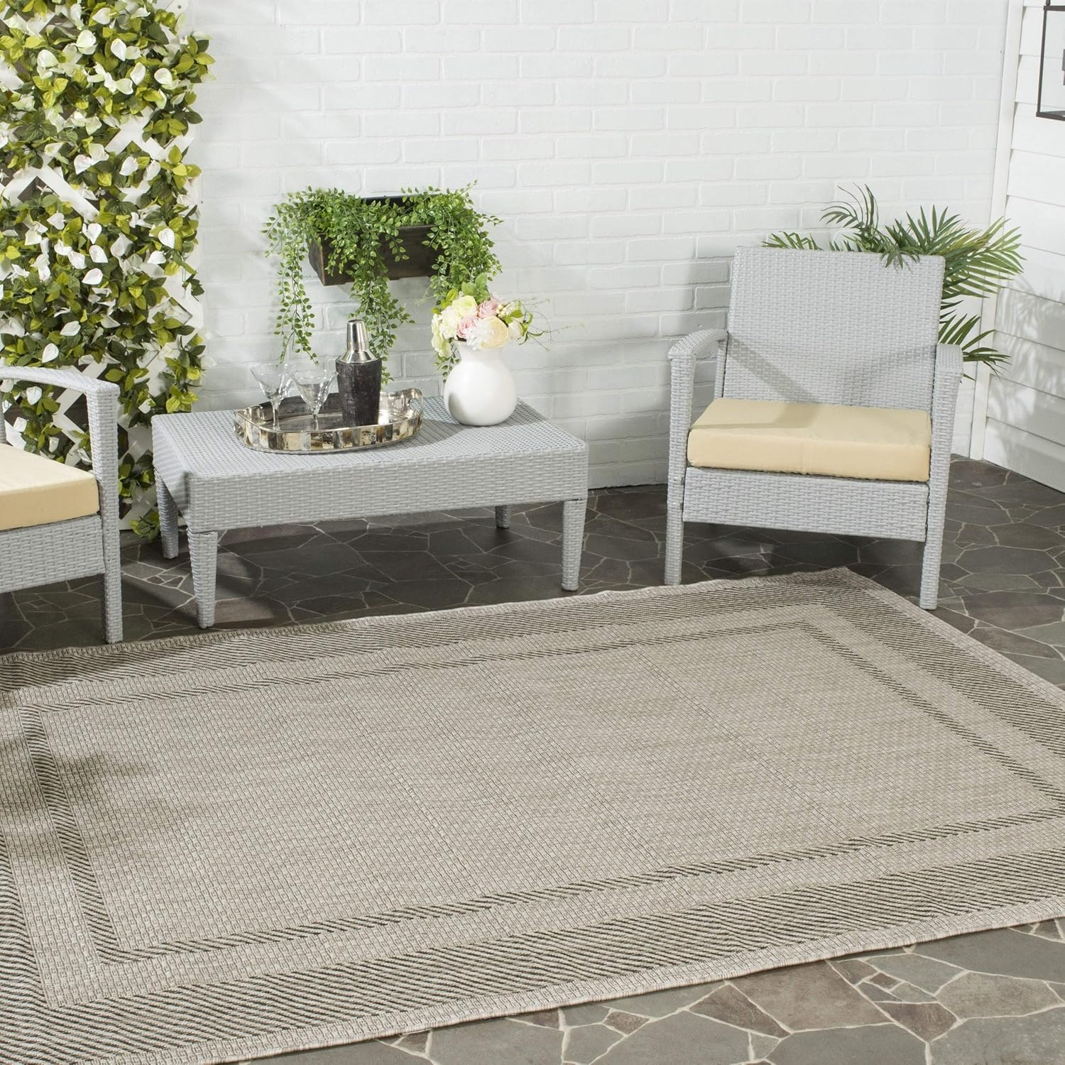 Courtyard CY8477 Power Loomed Indoor/Outdoor Area Rug - Beige/Black - 6'7"x6'7" - Safavieh.