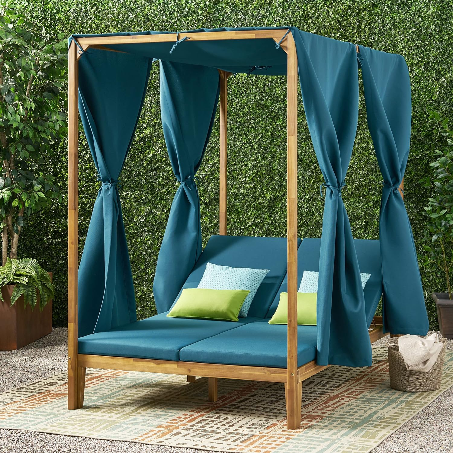 Christopher Knight Home Kinzie Outdoor 2-seat Adjustable Acacia Daybed w/ Curtains by  - 51.25" L x 78.75" W x 78.75" H Teak + Blue