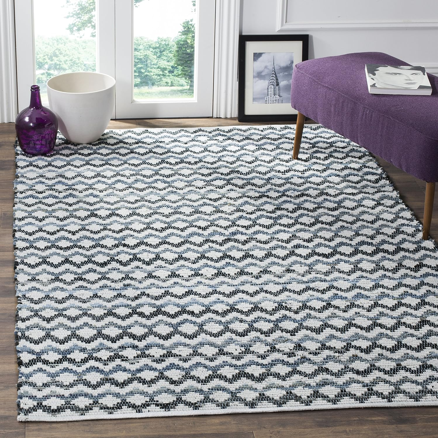 SAFAVIEH Montauk Harding Geometric Striped Cotton Area Rug, Ivory Blue/Black, 10' x 14'