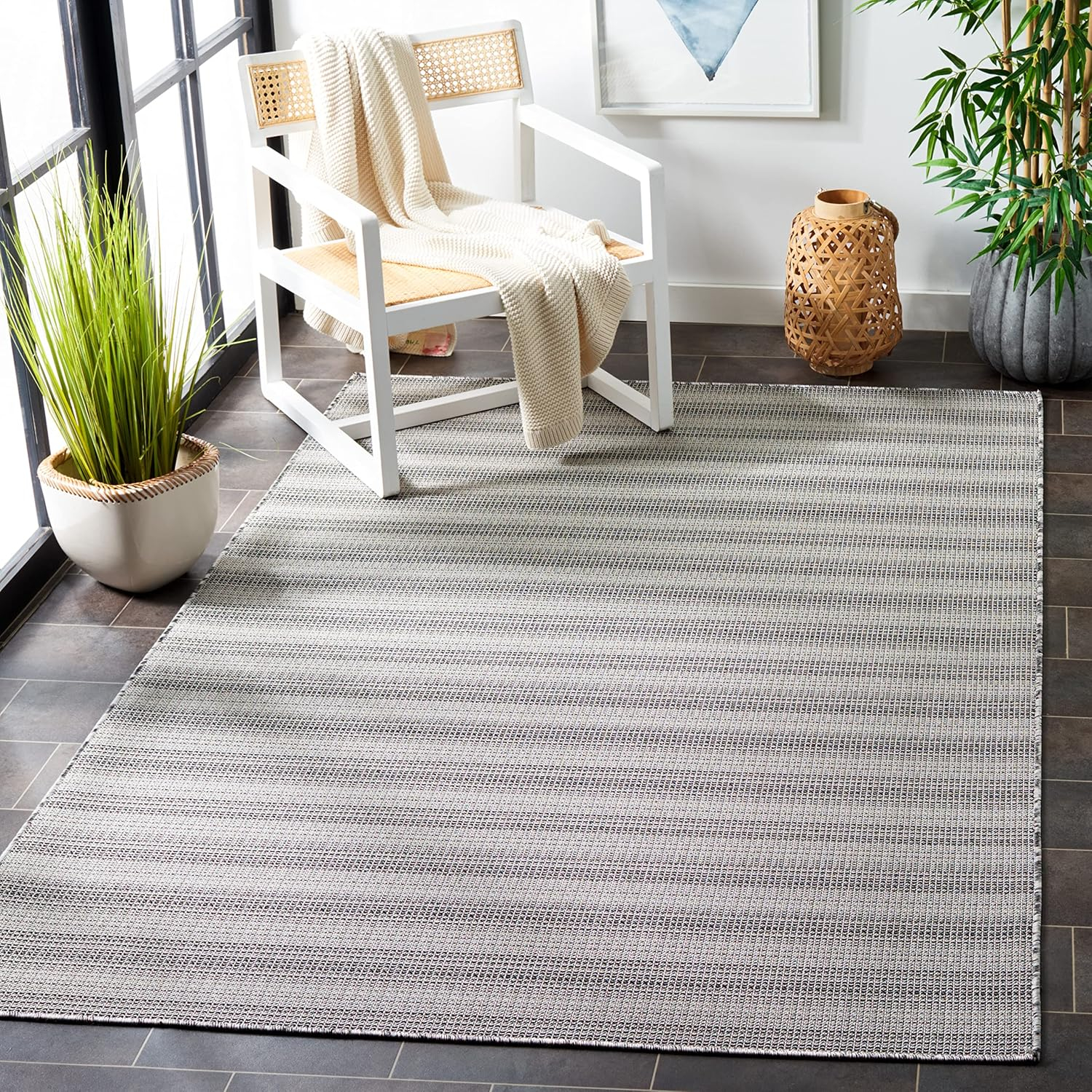 SAFAVIEH Hampton Duana Striped Indoor/Outdoor Area Rug, Black/Grey, 9' x 12'