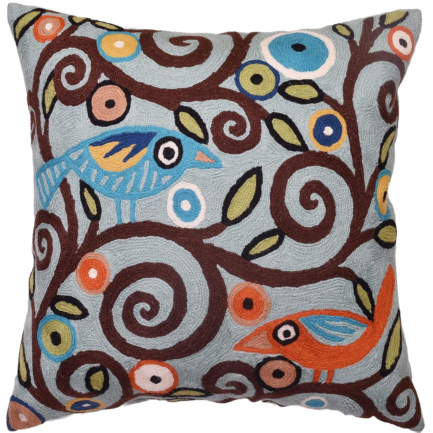 Teal Blue Embroidered Cotton Euro Pillowcase with Birds