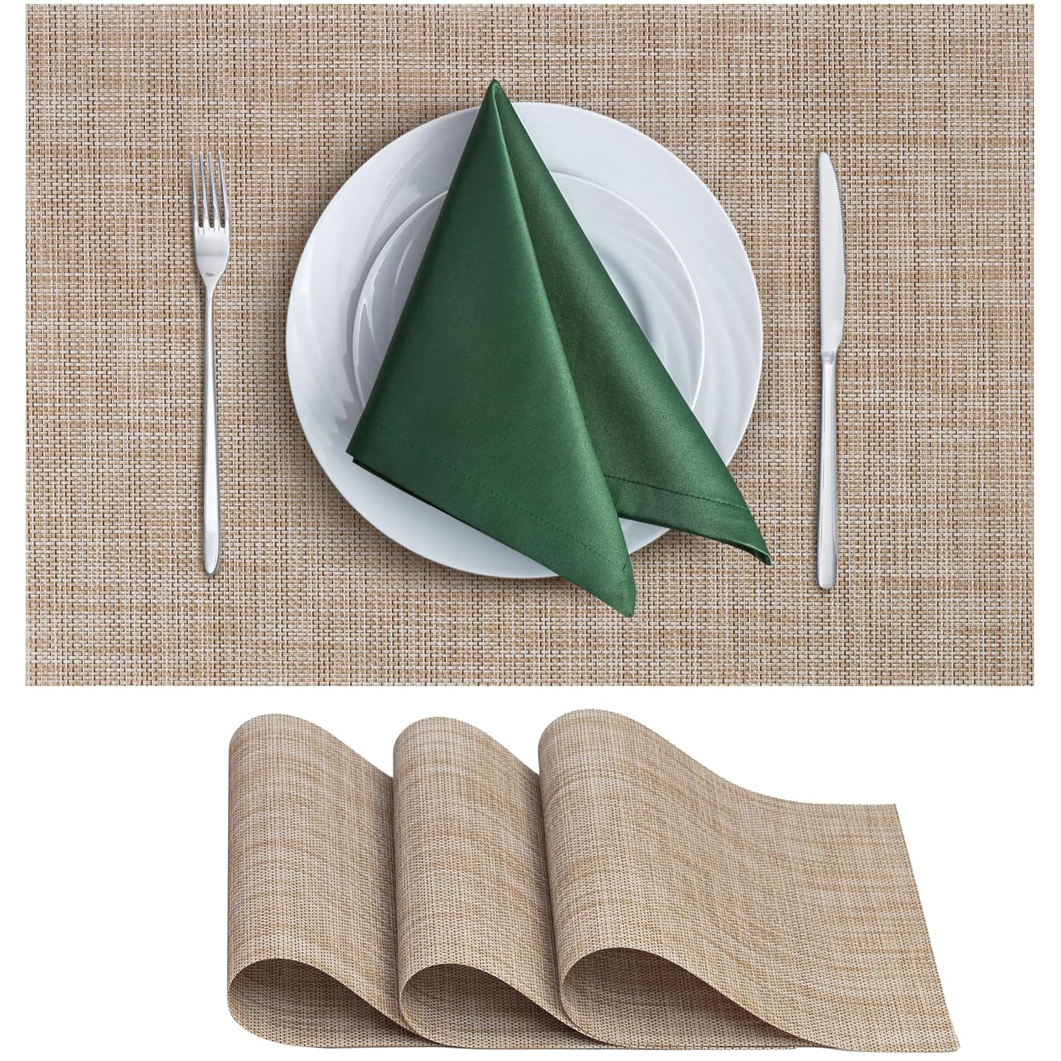 CraftyCrocodile Placemats Set of 4 - Classic Vinyl Dining Table Place Mats 12 x 18 Inch Caramel