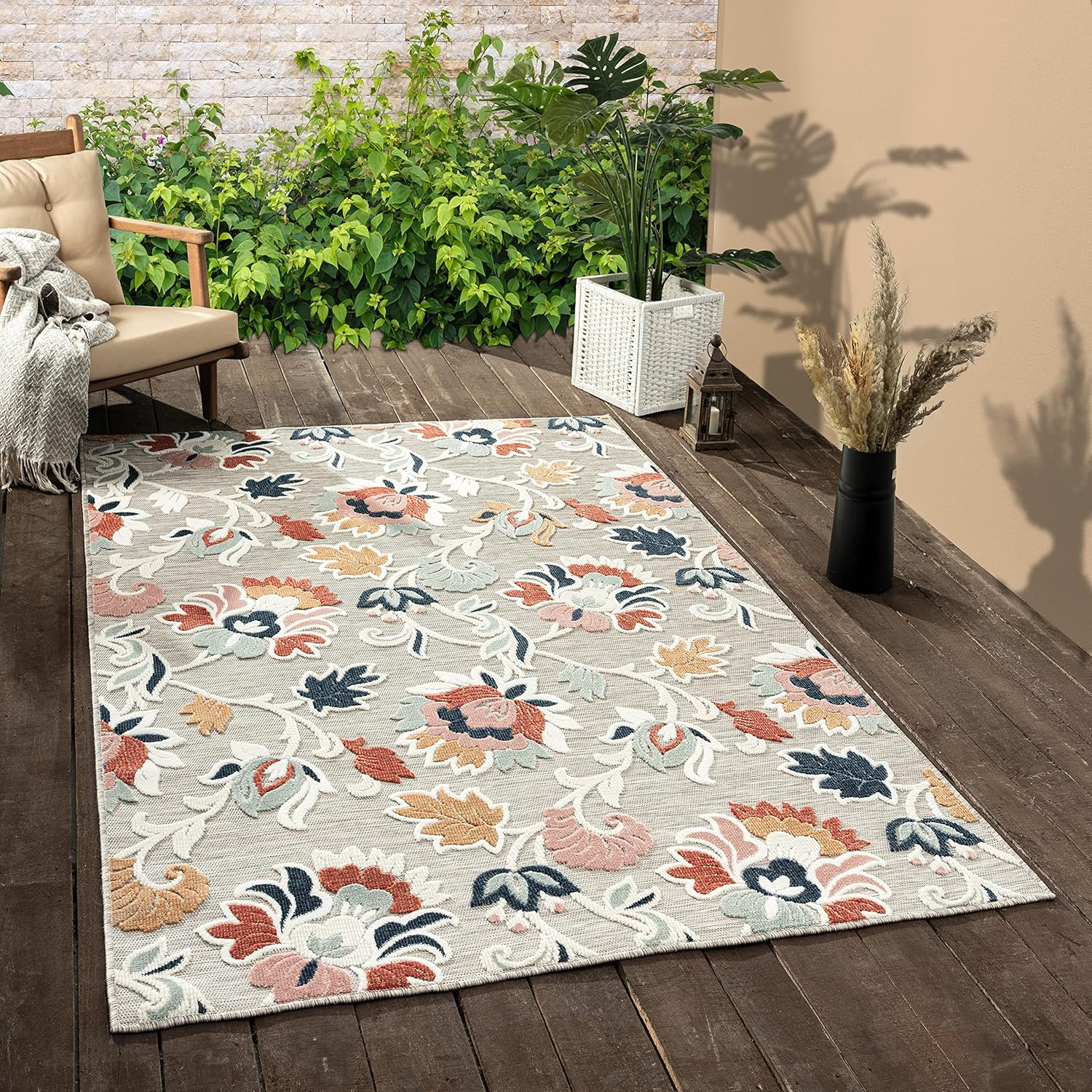 LR Home Elise 7'9" x 9'9" Coral/Gray Floral Hi-Low Indoor/Outdoor Area Rug