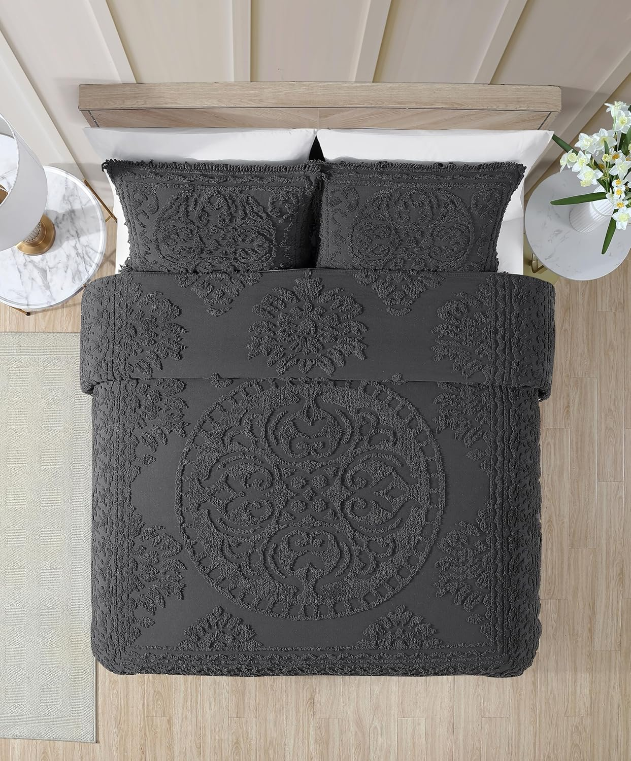 Collections Etc Luxurious Medallion Chenille Fringe Border Pillow Sham Standard Sham - Charcoal