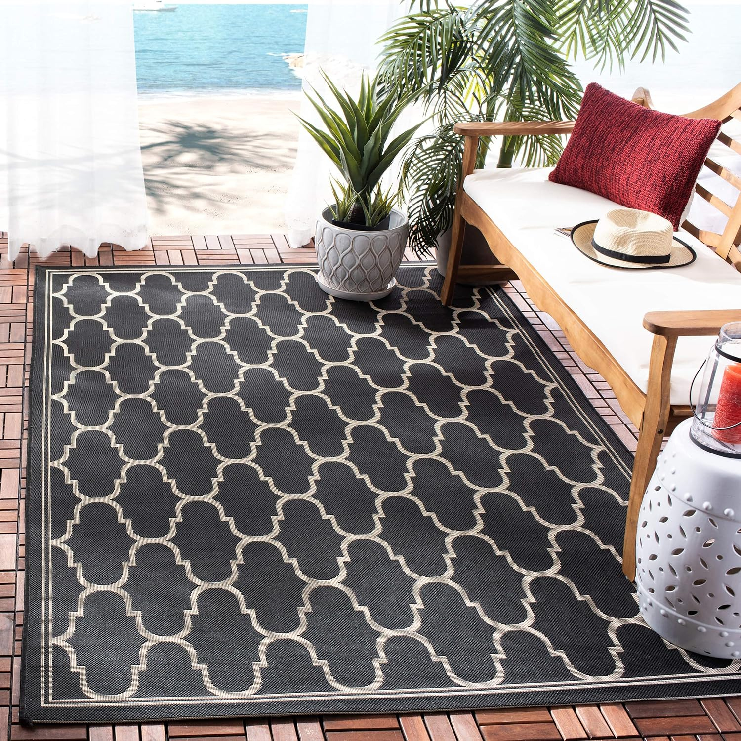SAFAVIEH Courtyard Eustacia Geometric Trellis Indoor/Outdoor Area Rug Anthracite/Beige, 9' x 12'6"