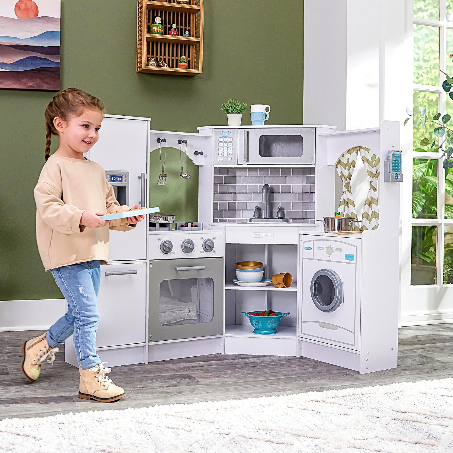 KidKraft Ultimate Corner Play Kitchen with Lights & Sounds - White with 1 Piece Accessory Play Set
