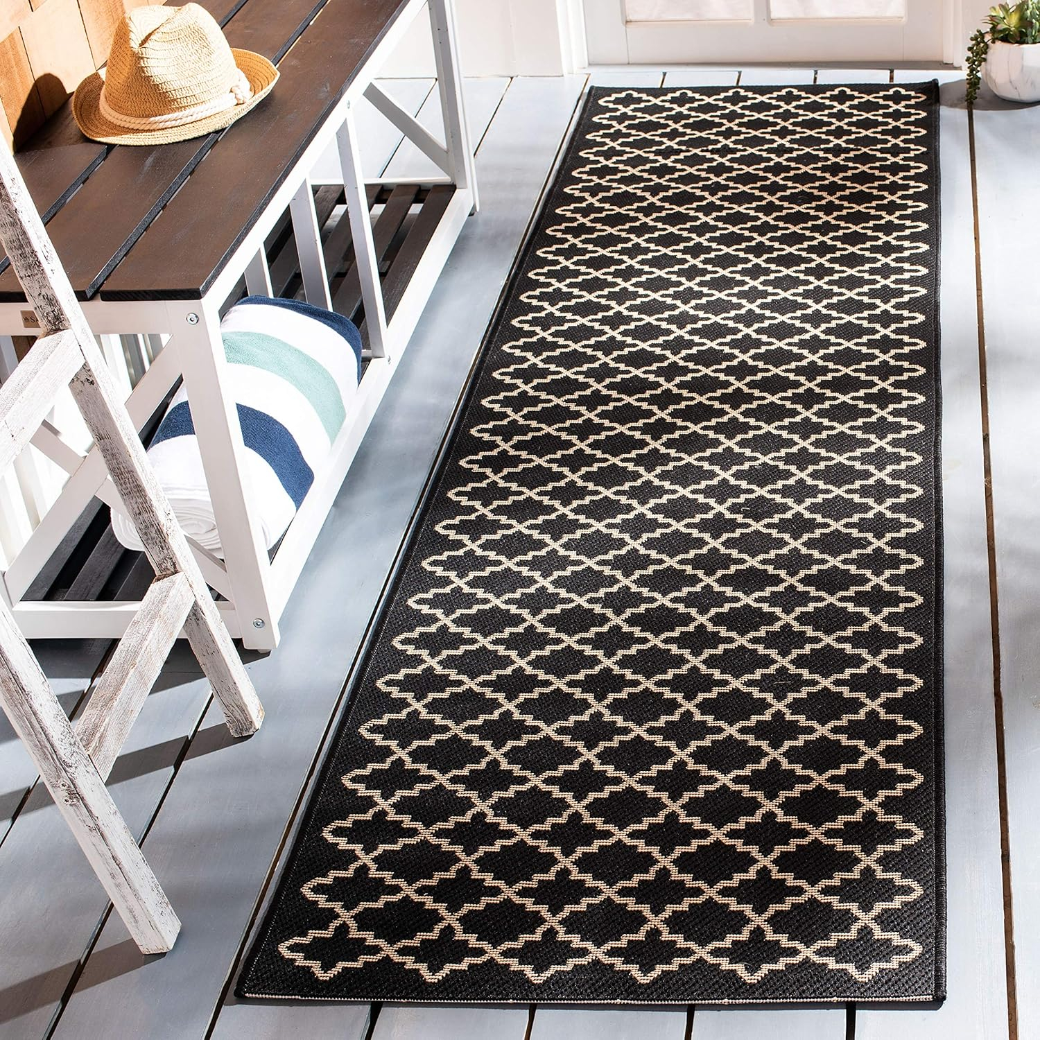 SAFAVIEH Courtyard Hilbert Geometric Indoor/Outdoor Runner Rug, Black/Beige, 2'3" x 8'