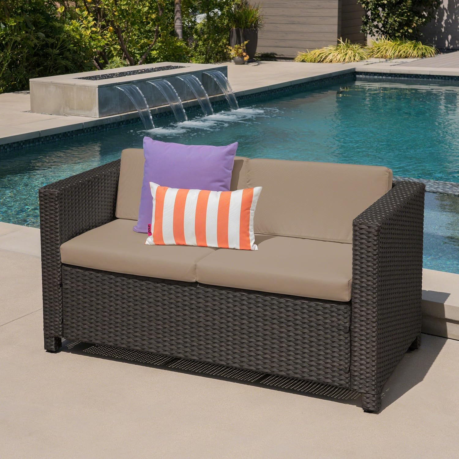 Lorelei Outdoor Wicker Loveseat with Cushions, Dark Brown and Beige