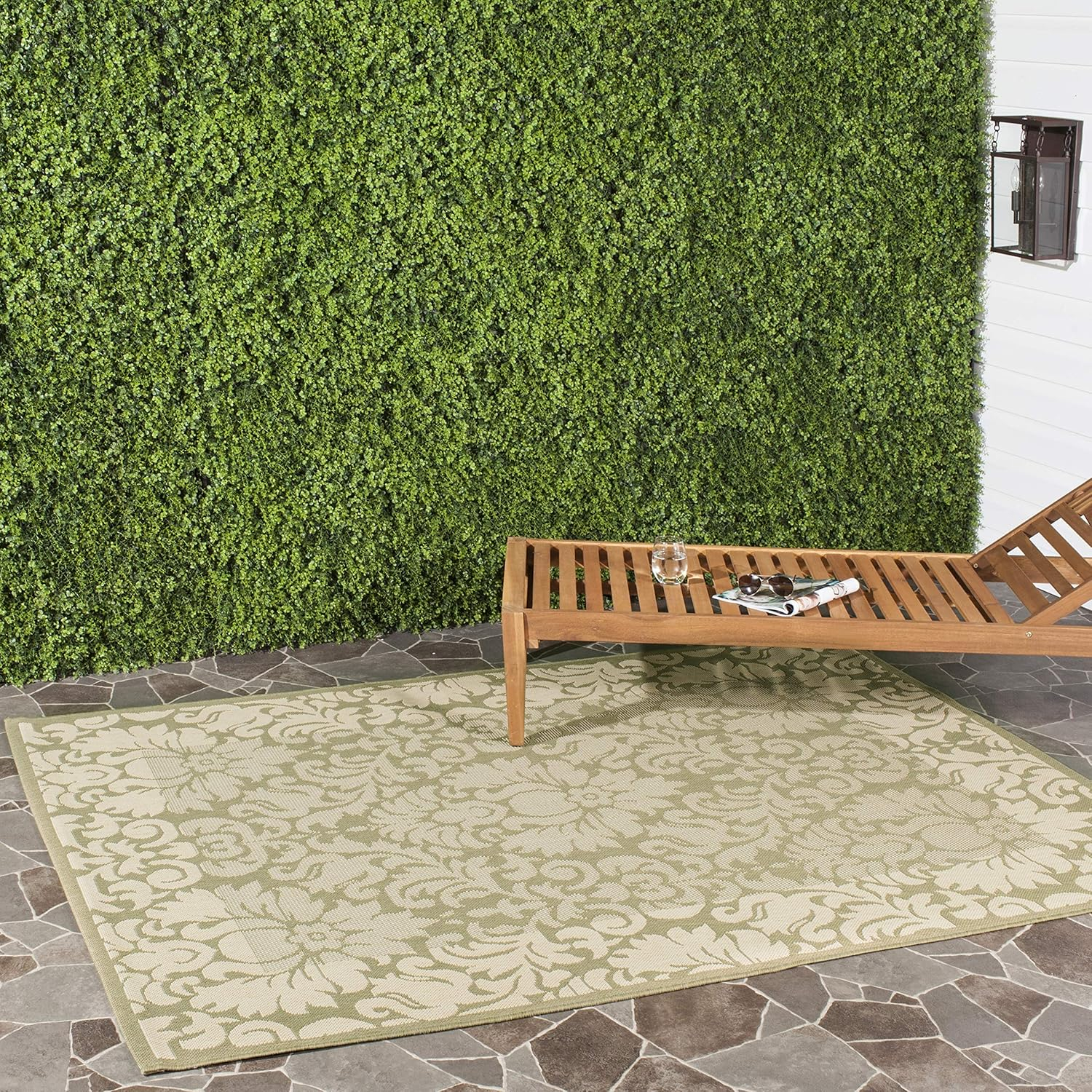 SAFAVIEH Courtyard Dani Damask Bordered Indoor/Outdoor Area Rug, 6'7" x 6'7" Square, Olive/Natural