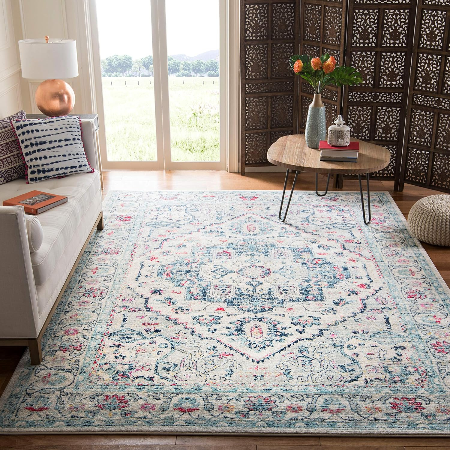 SAFAVIEH Madison Hildred Floral Bordered Area Rug, Navy/Fuchsia, 6' x 9'