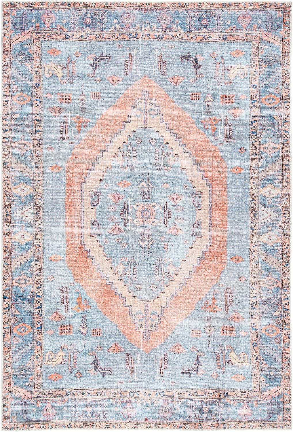 SAFAVIEH Serapi Teague Traditional Machine Washable Area Rug, Light Blue/Beige, 5'3" X 7'7"